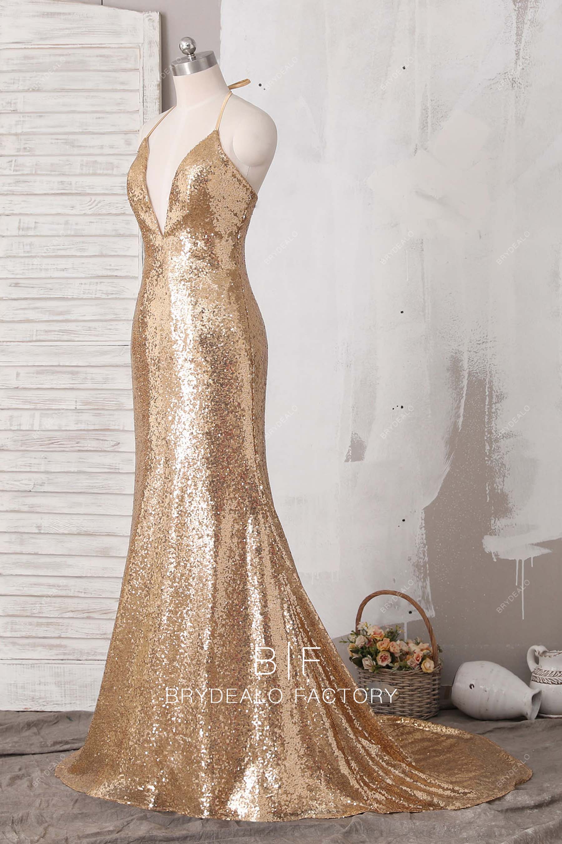 halter v-neck gold sequin formal dress