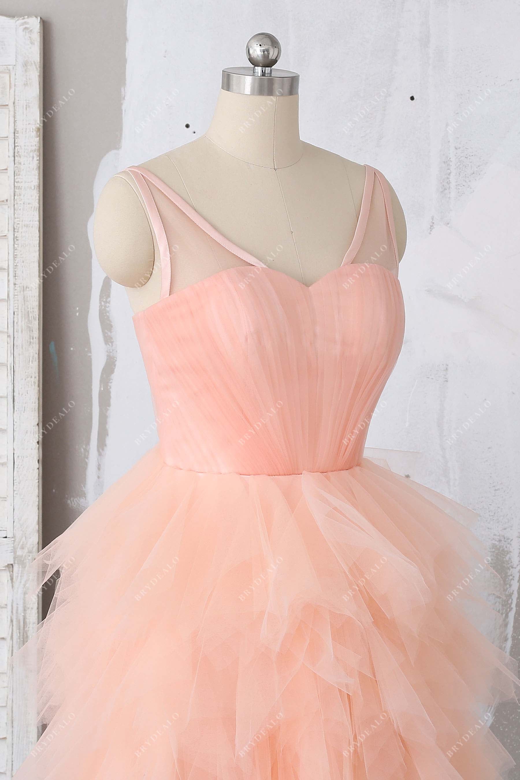 peach layered tulle prom dress