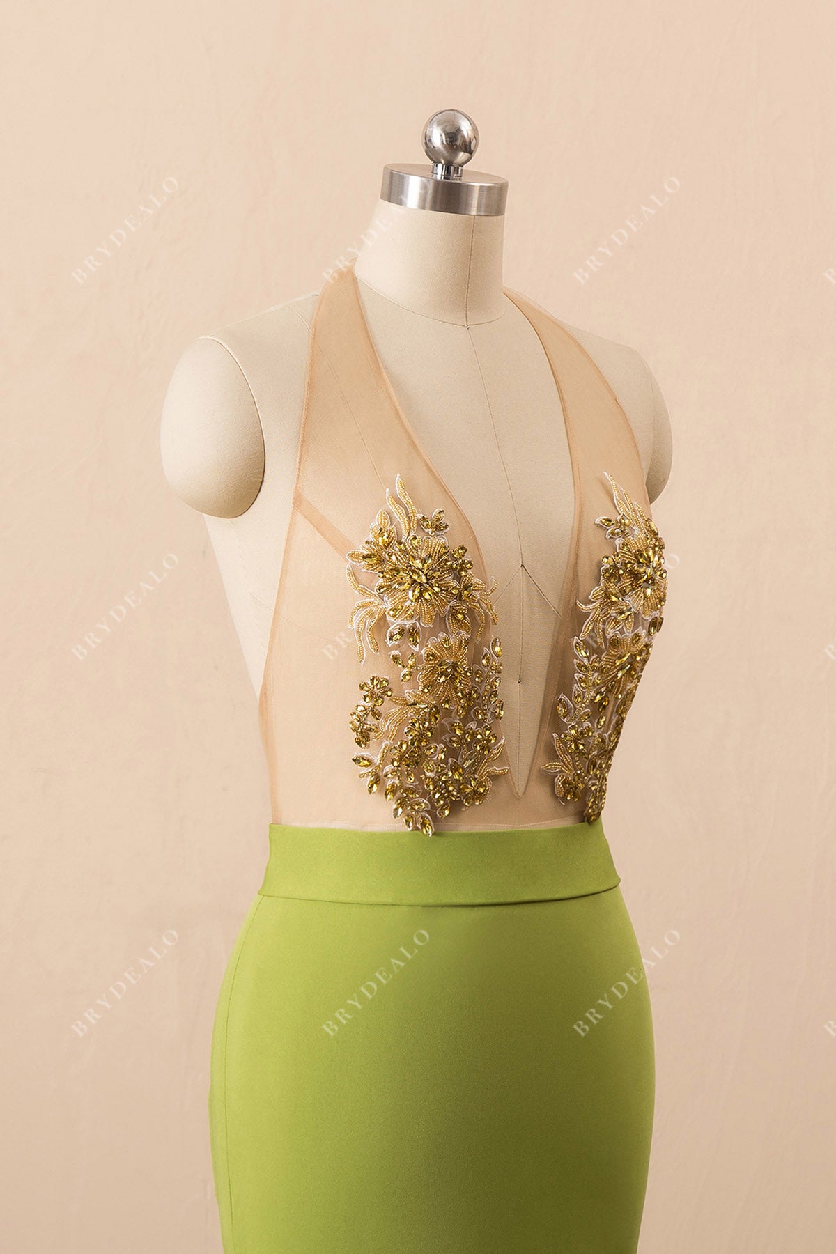 sleeveless halter plunging neck formal gown