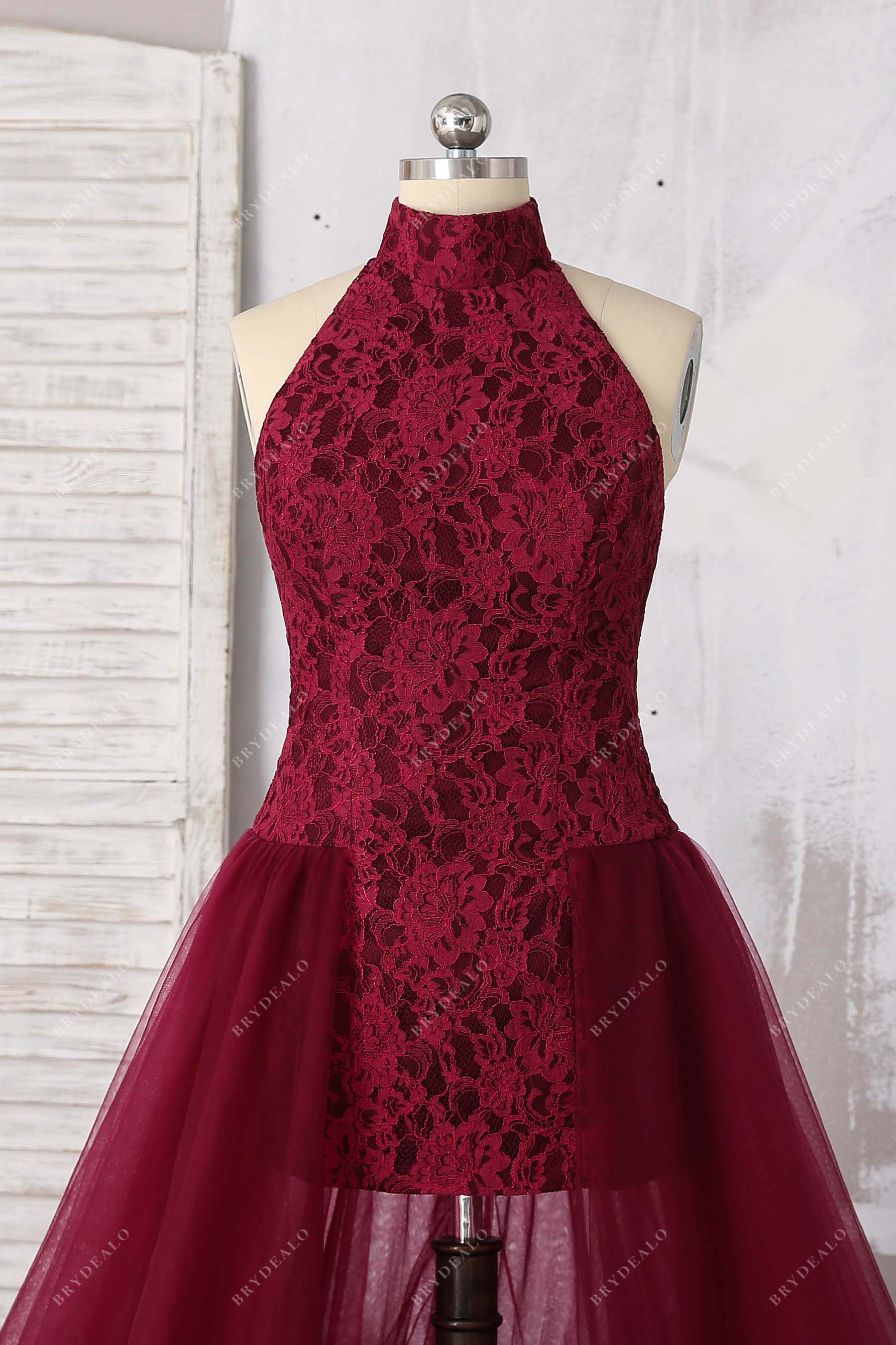 high neck lace bodycon gown