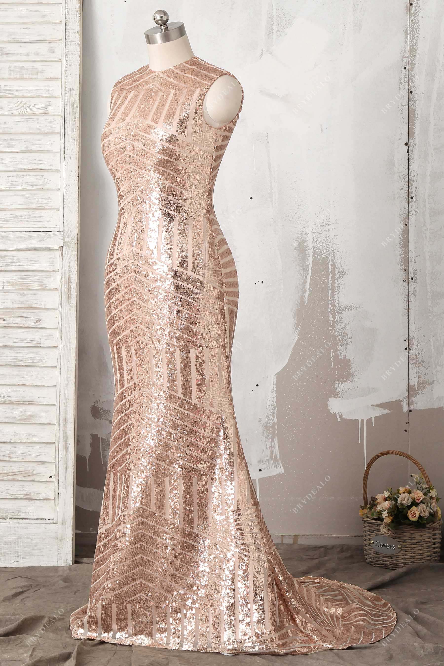 sleeveless long mermaid rose gold prom gown