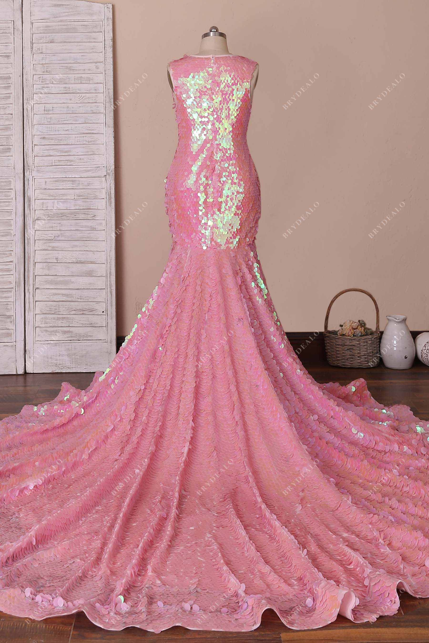 sleeveless pink sequin chapel train mermaid prom dress