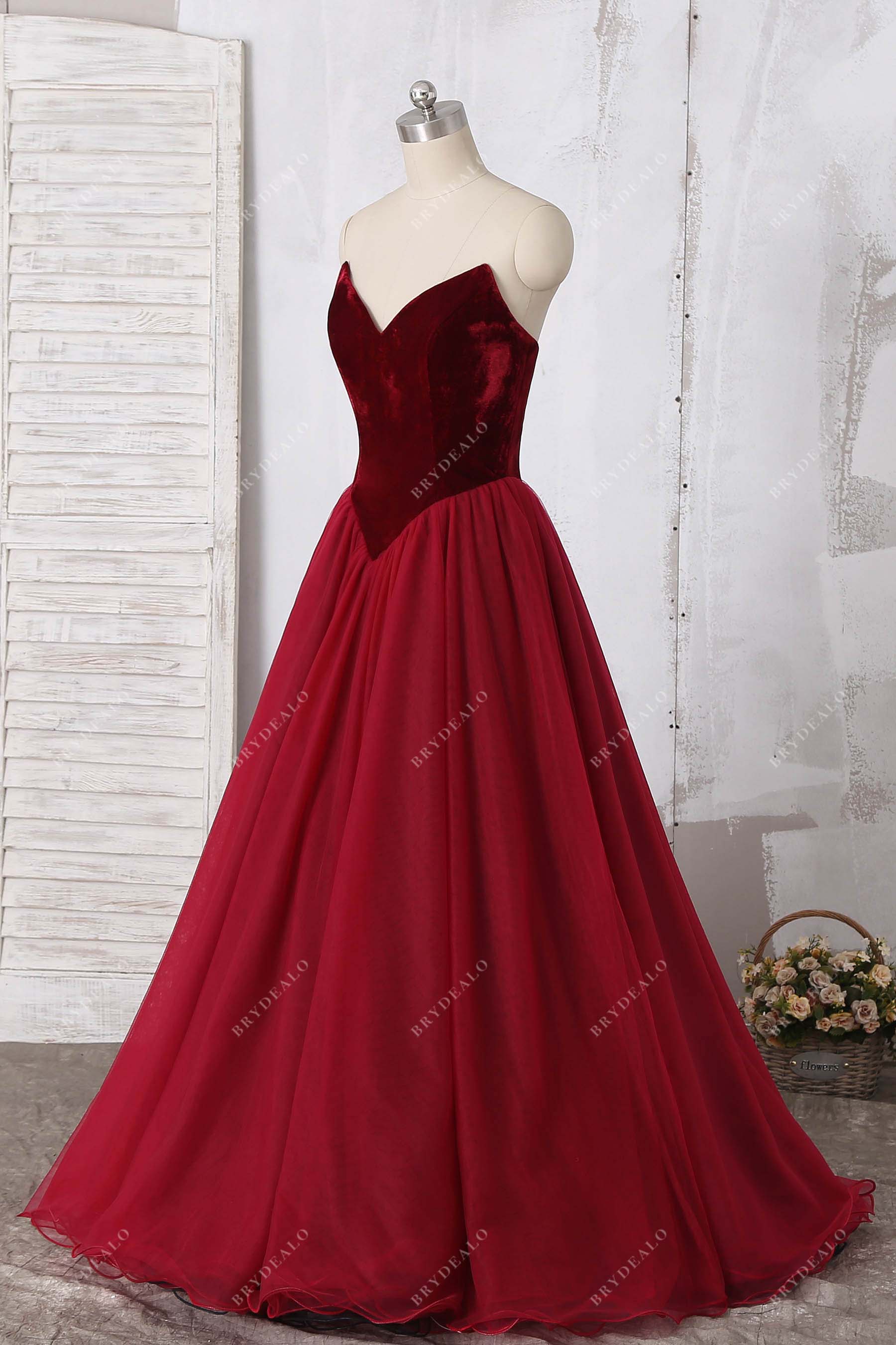 Wine Velvet Tulle V-neck Basque Waist Formal Dress Brydealo Wine Velvet Tulle V-neck Basque Waist Formal Dress Brydealo