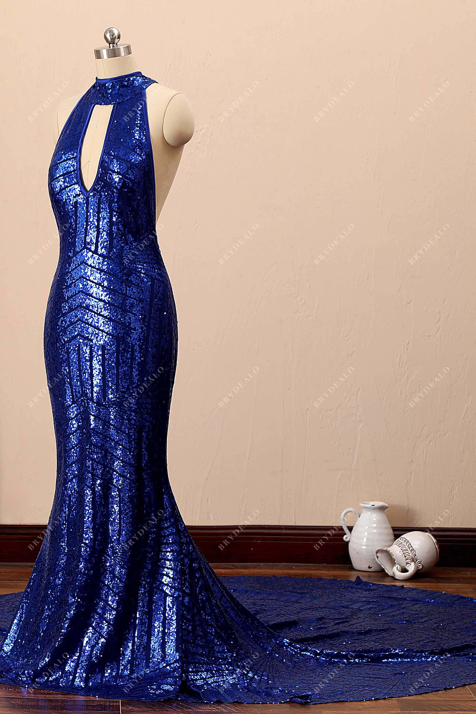 sequin halter long train evening dress