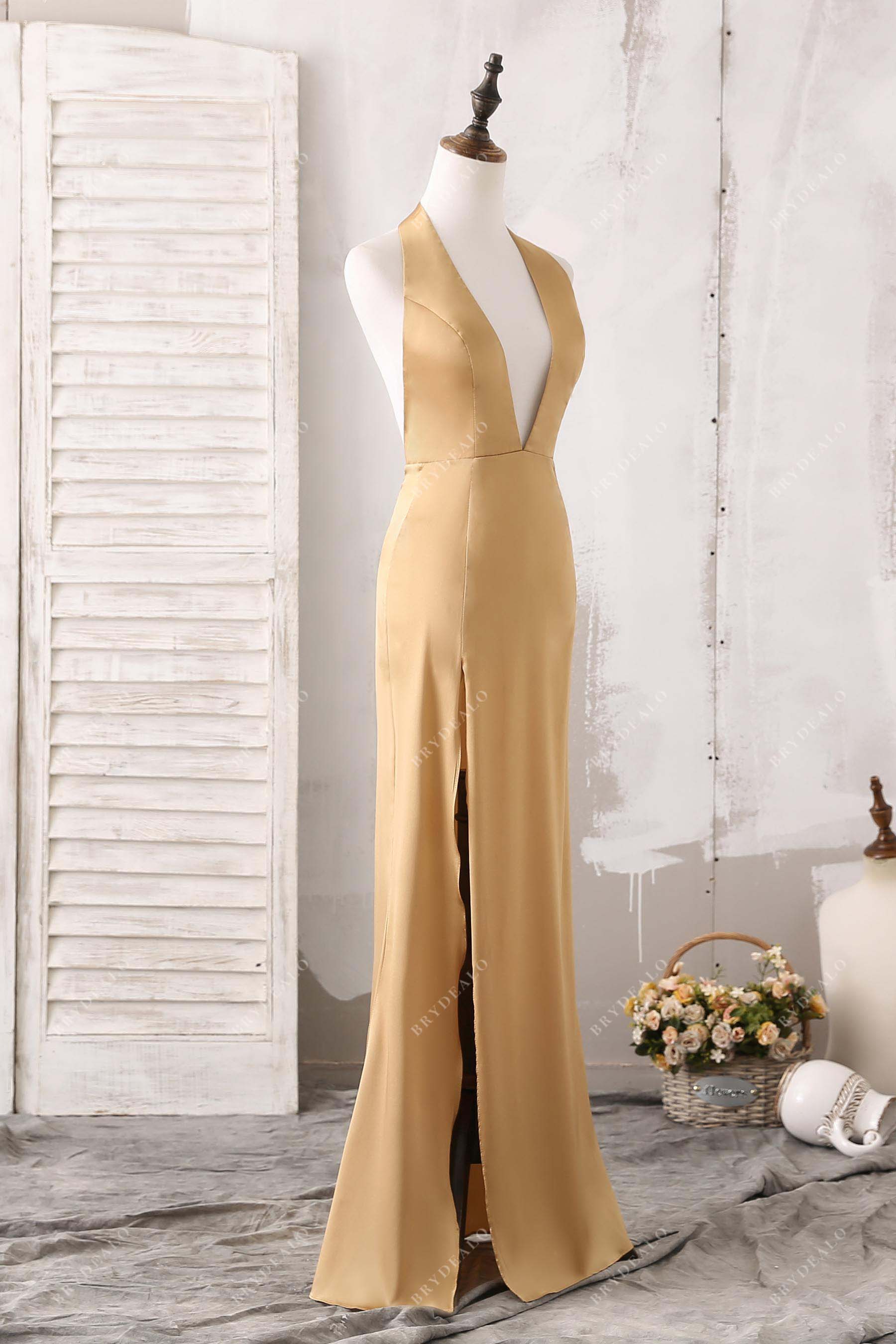 plunging neck halter slit formal dress
