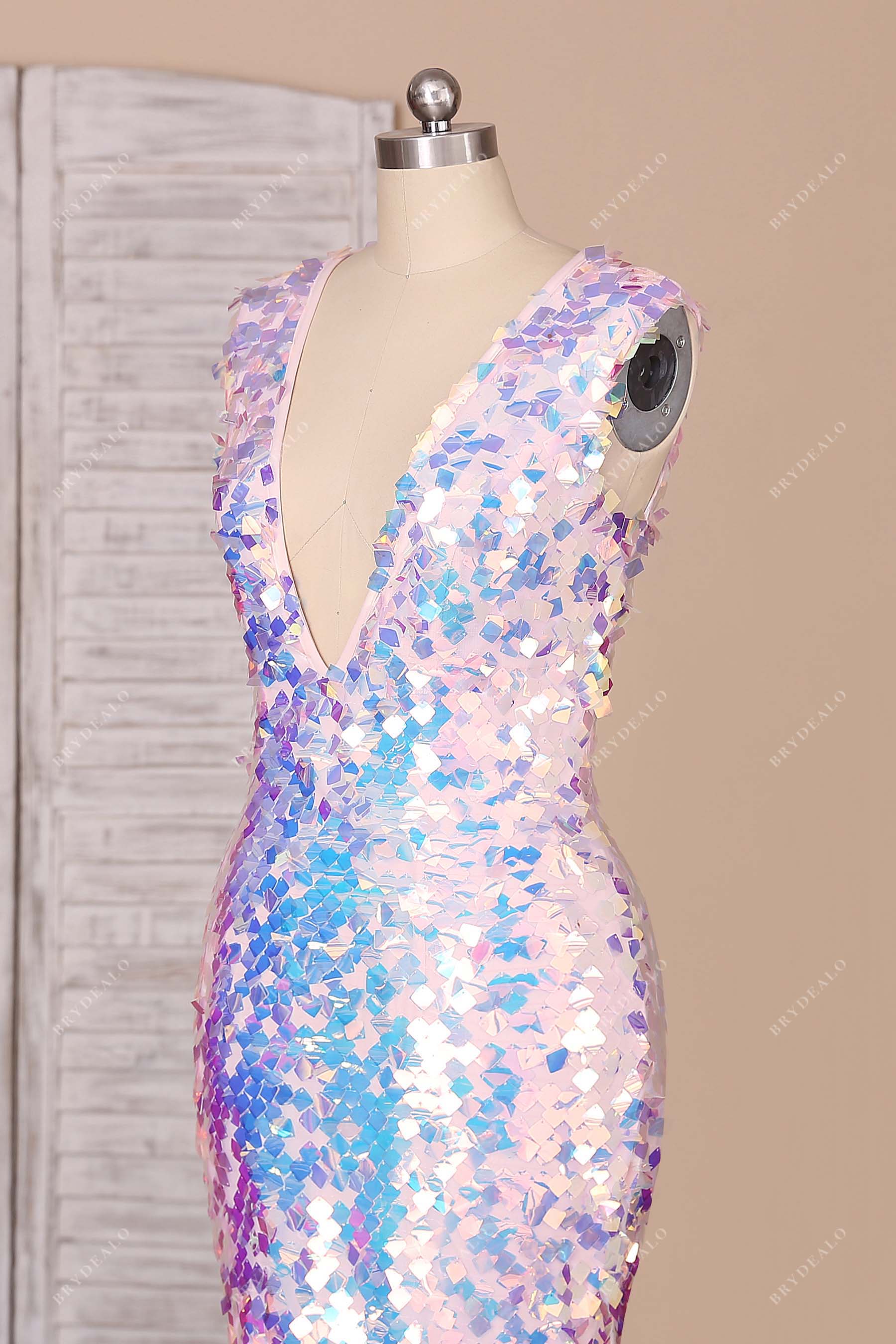 iridescent sequin plunging neck evening dress