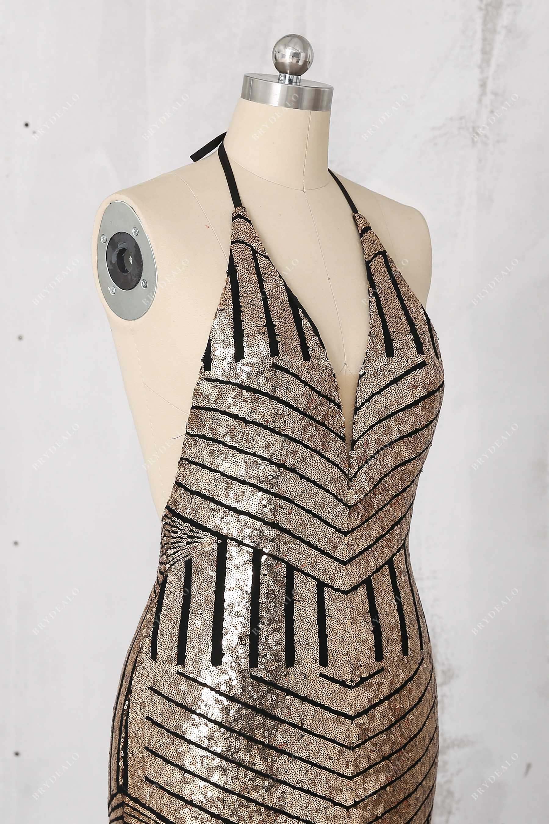 plunging neck stripe sequin evening dress