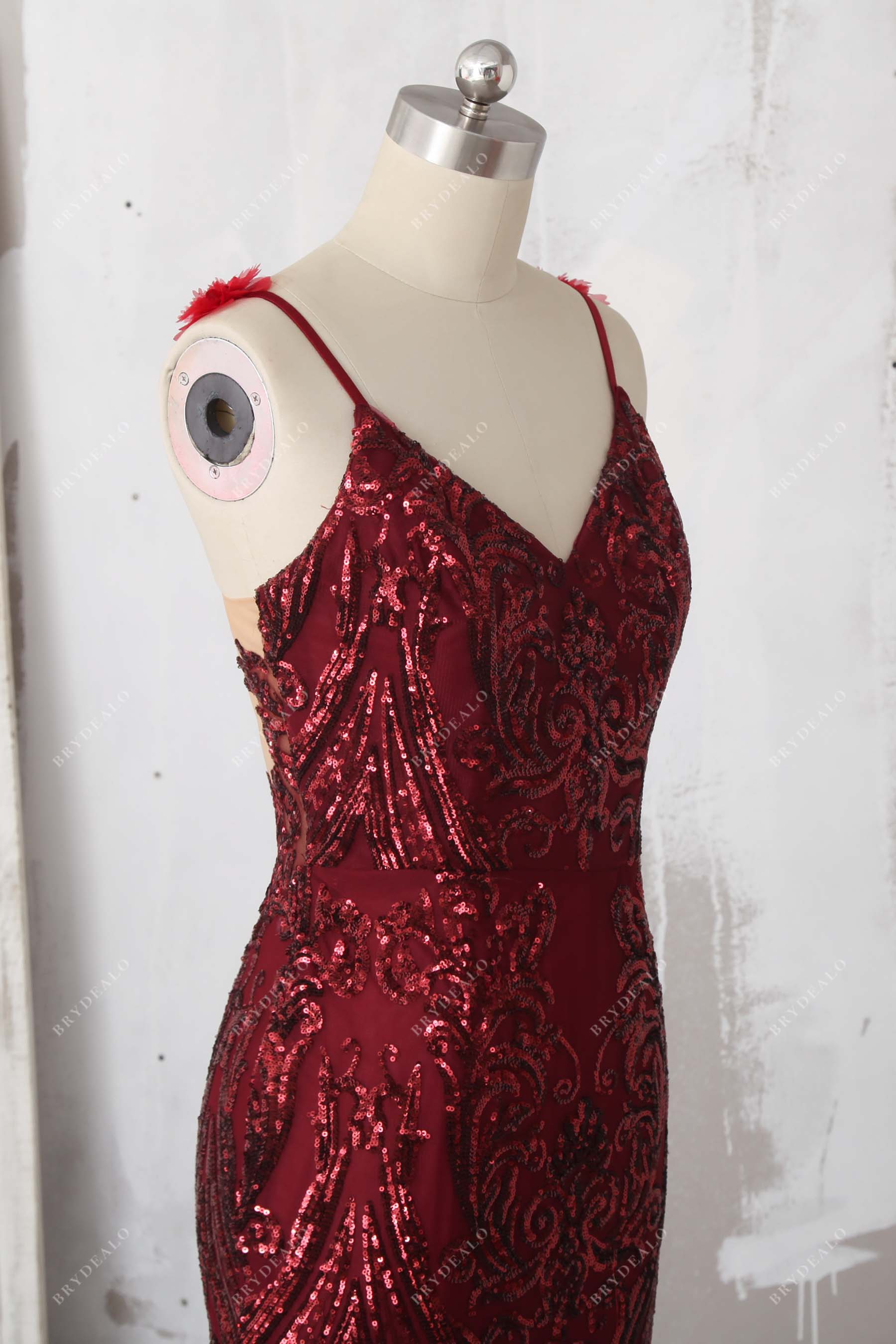 burgundy v-neck sequin formal dress 