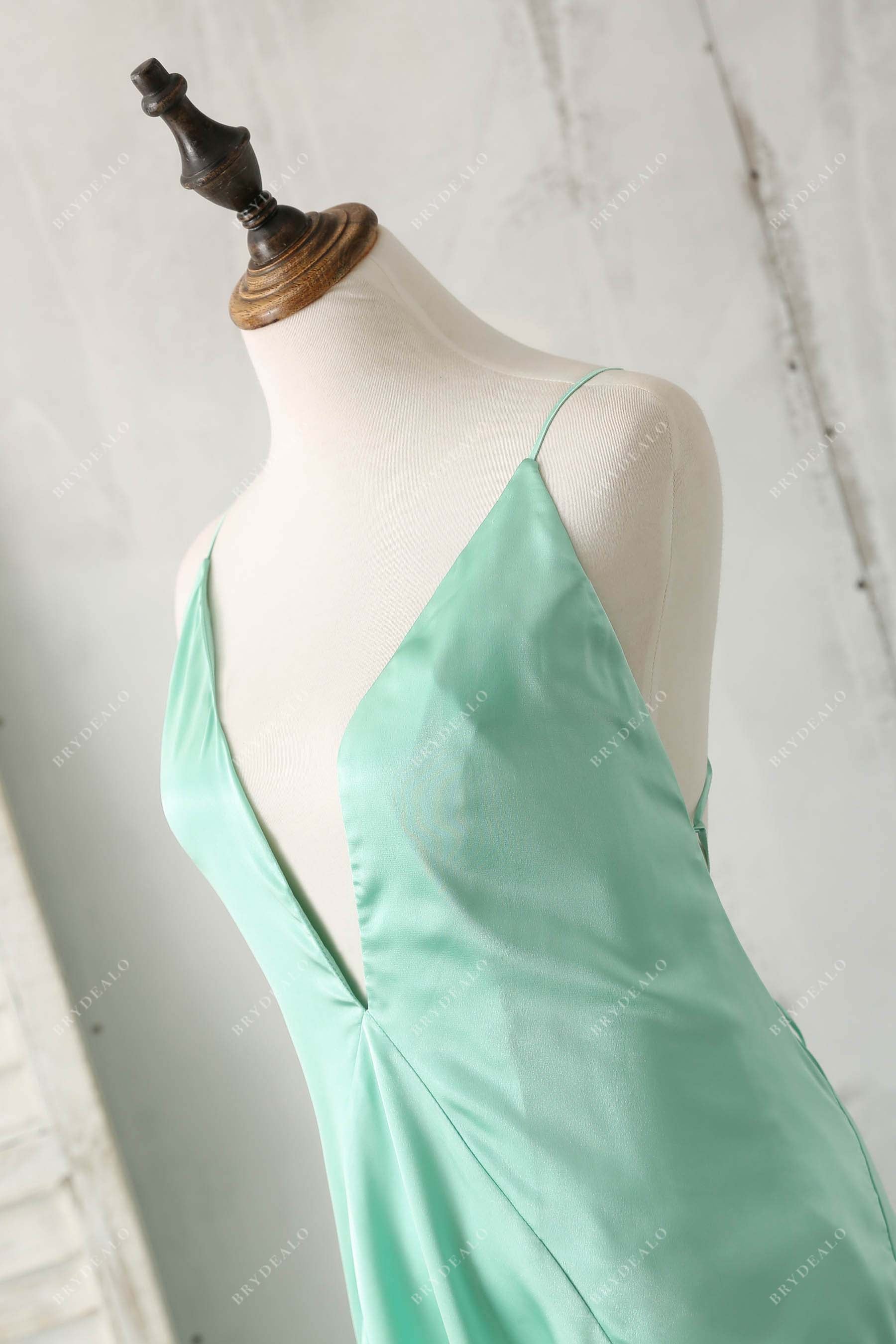 mint satin plunging neck prom dress