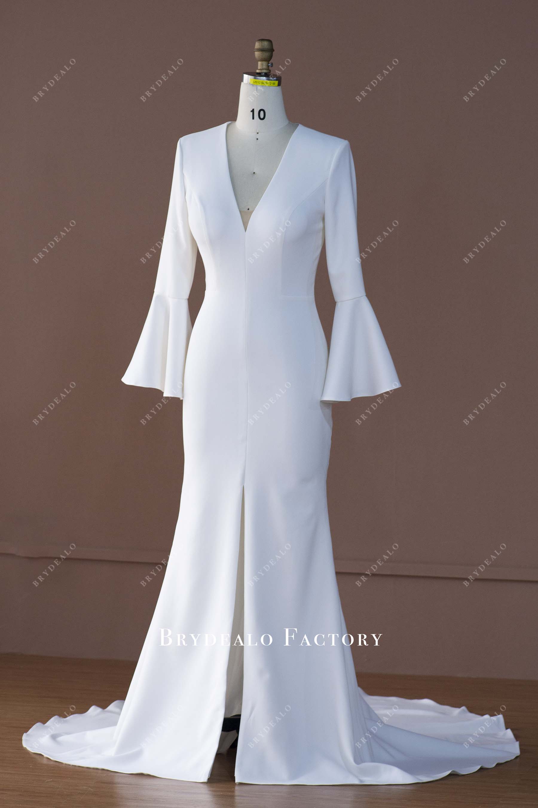 sexy slit mermaid white crepe bridal dress