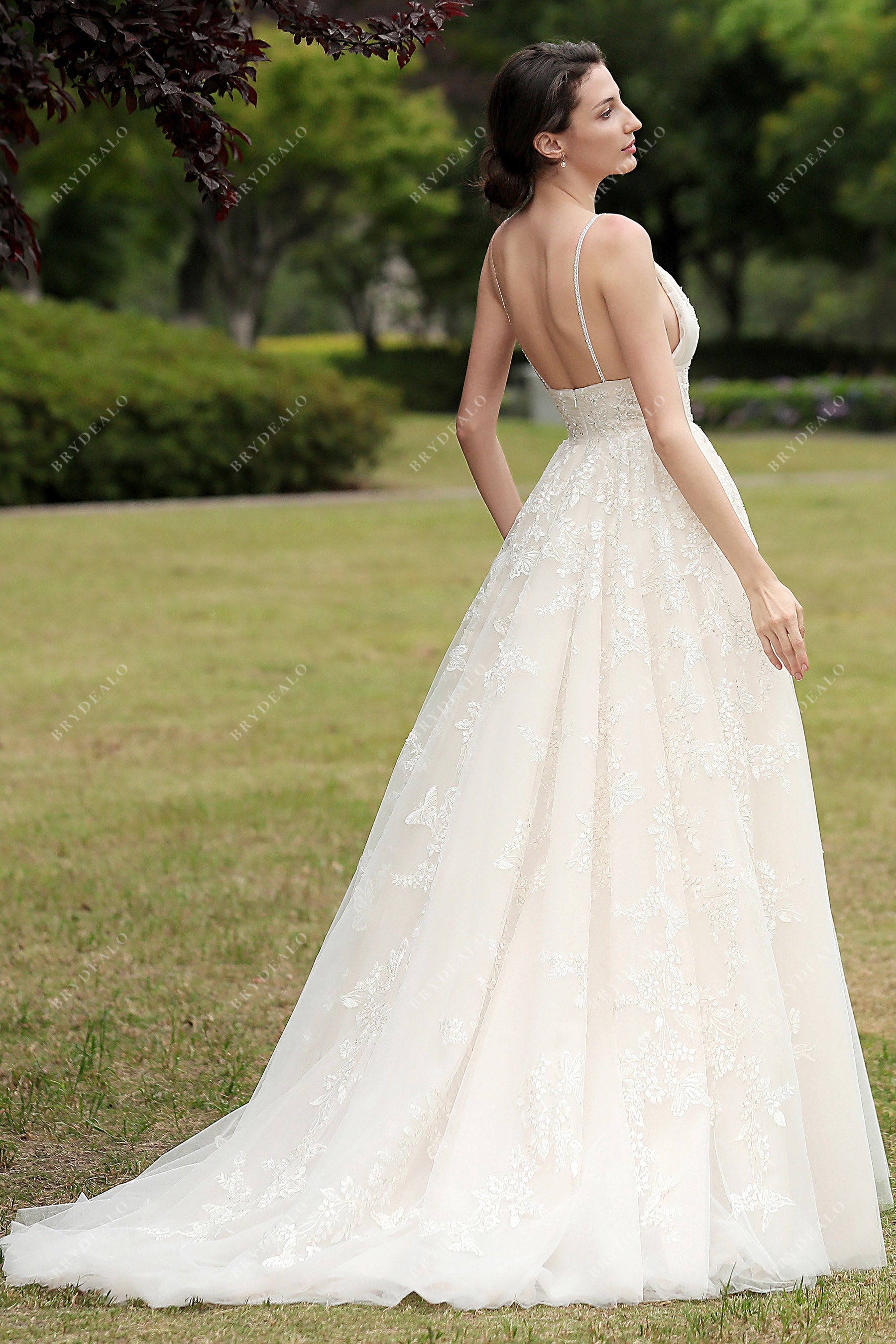 straps back floral lace court train wedding dress
