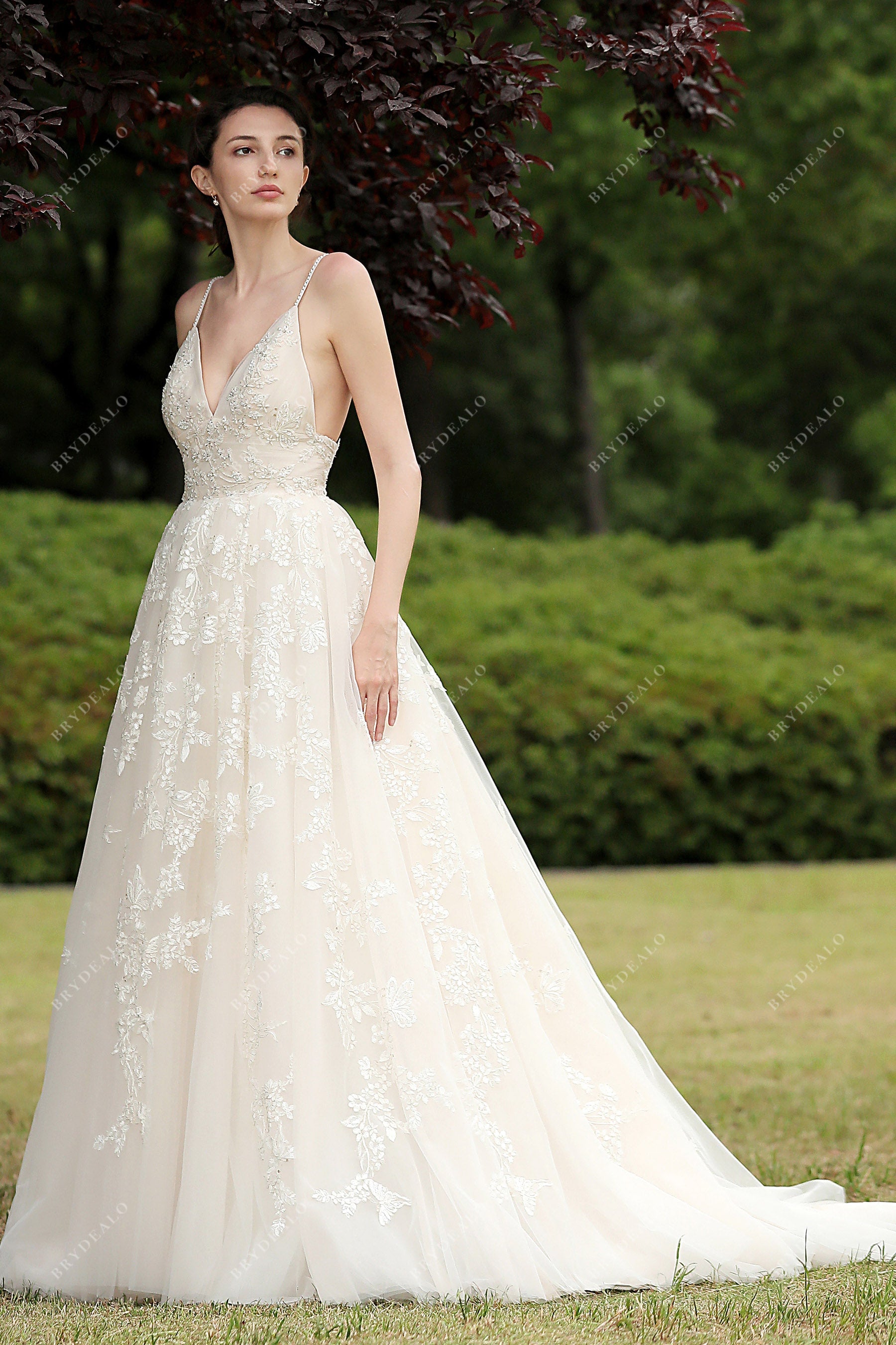 plunging neck thin straps wedding gown