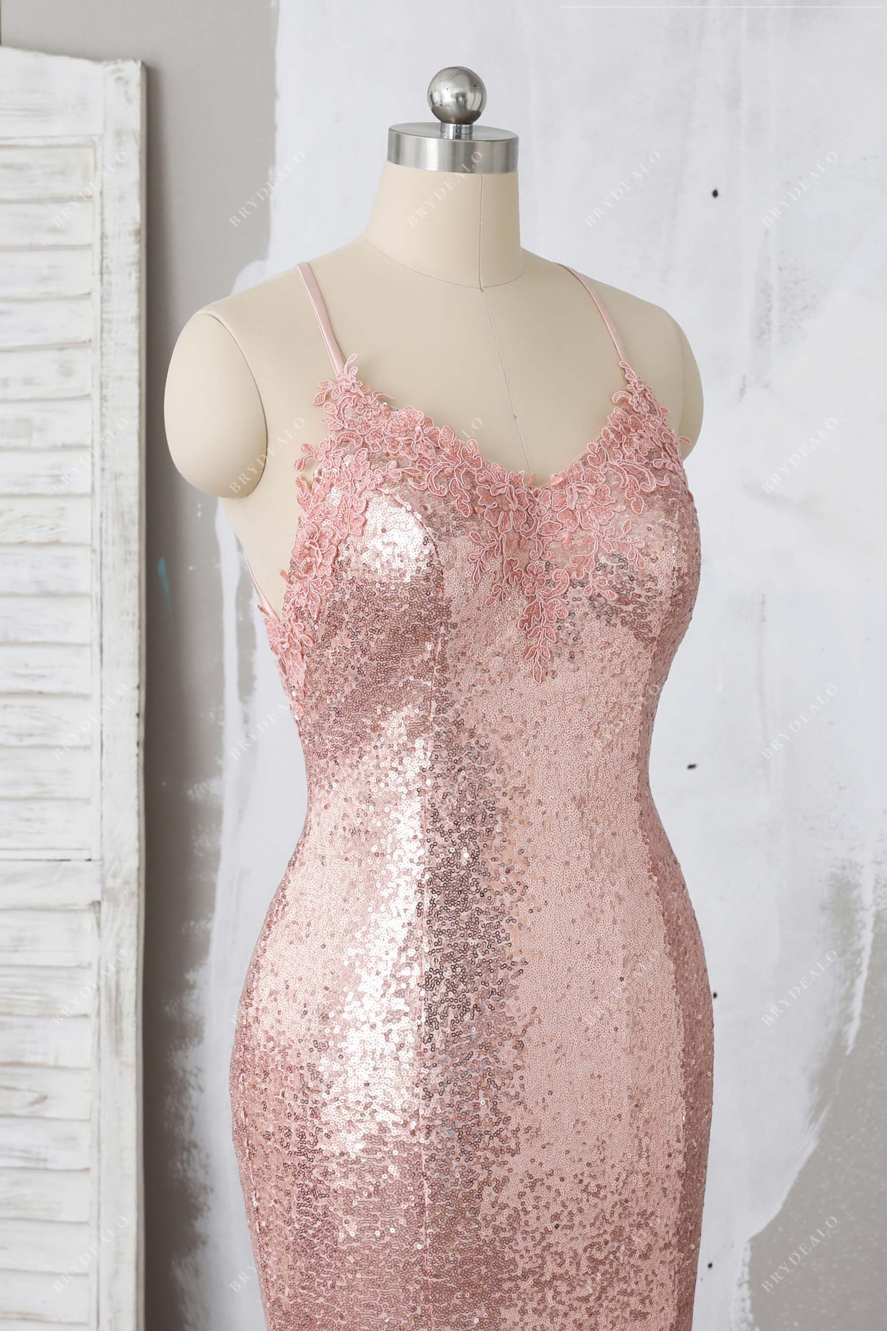 sleeveless lace applique sequin evening dress