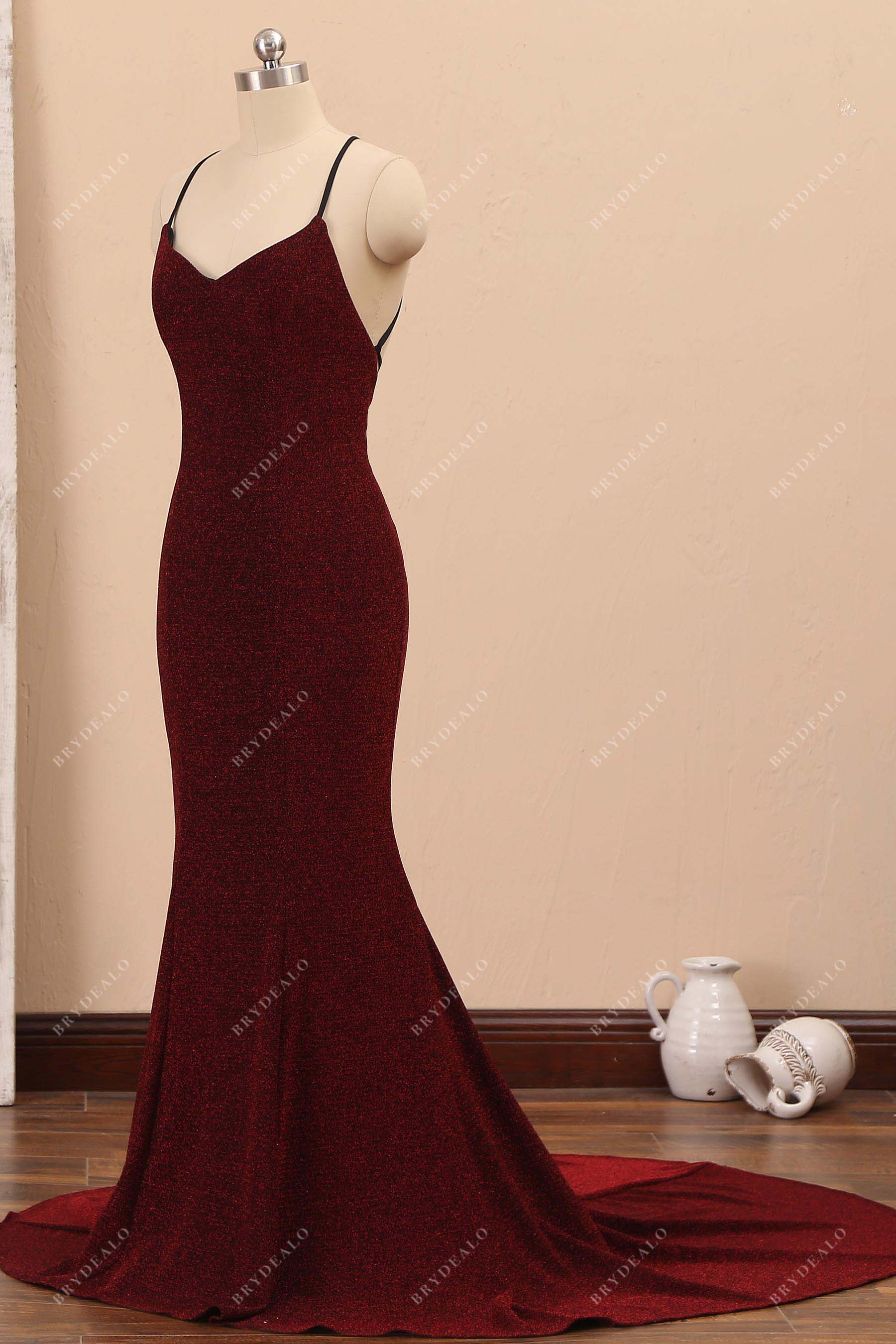 v-neck glitter burgundy mermaid prom dress