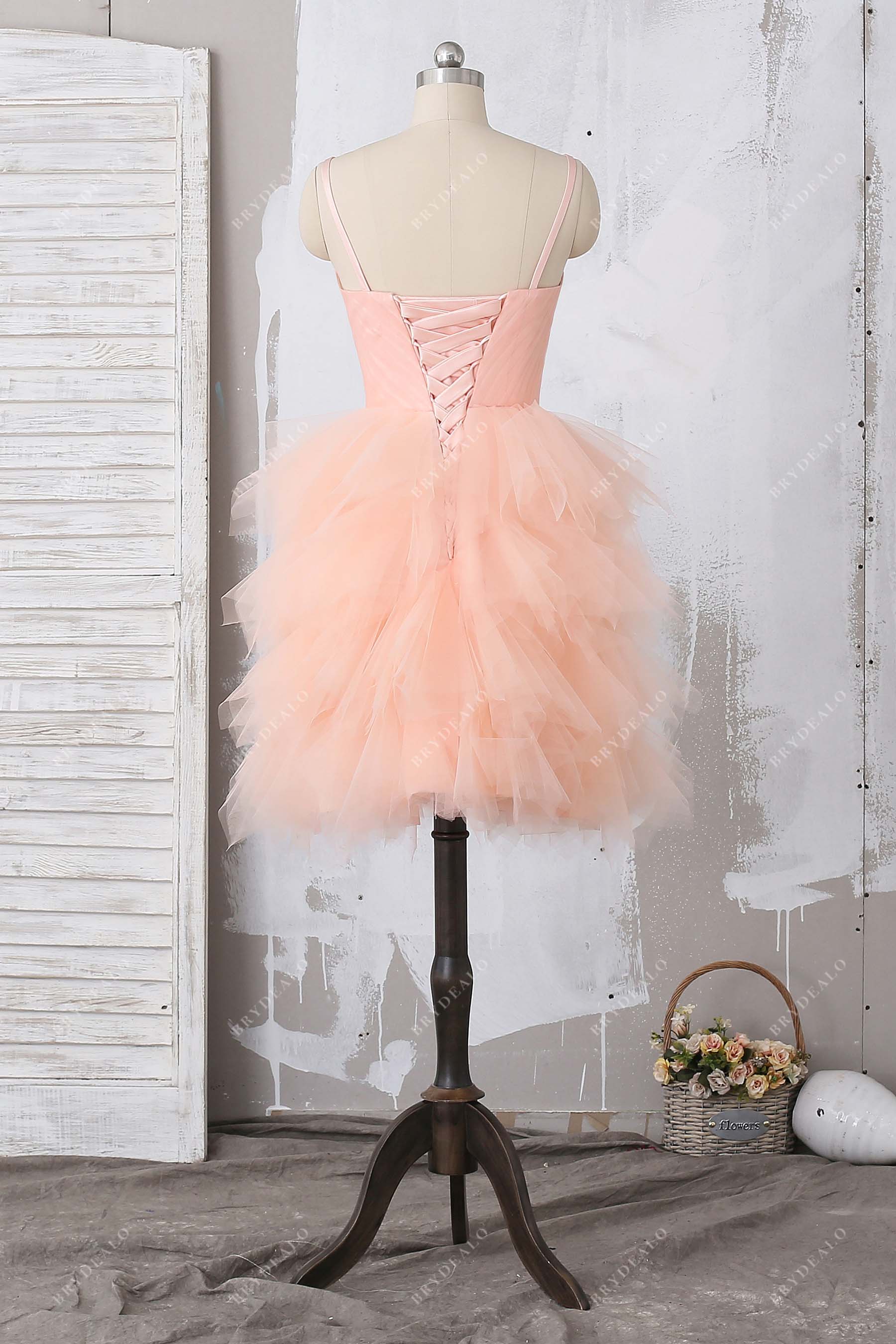 lace up back ruffled tulle prom dress