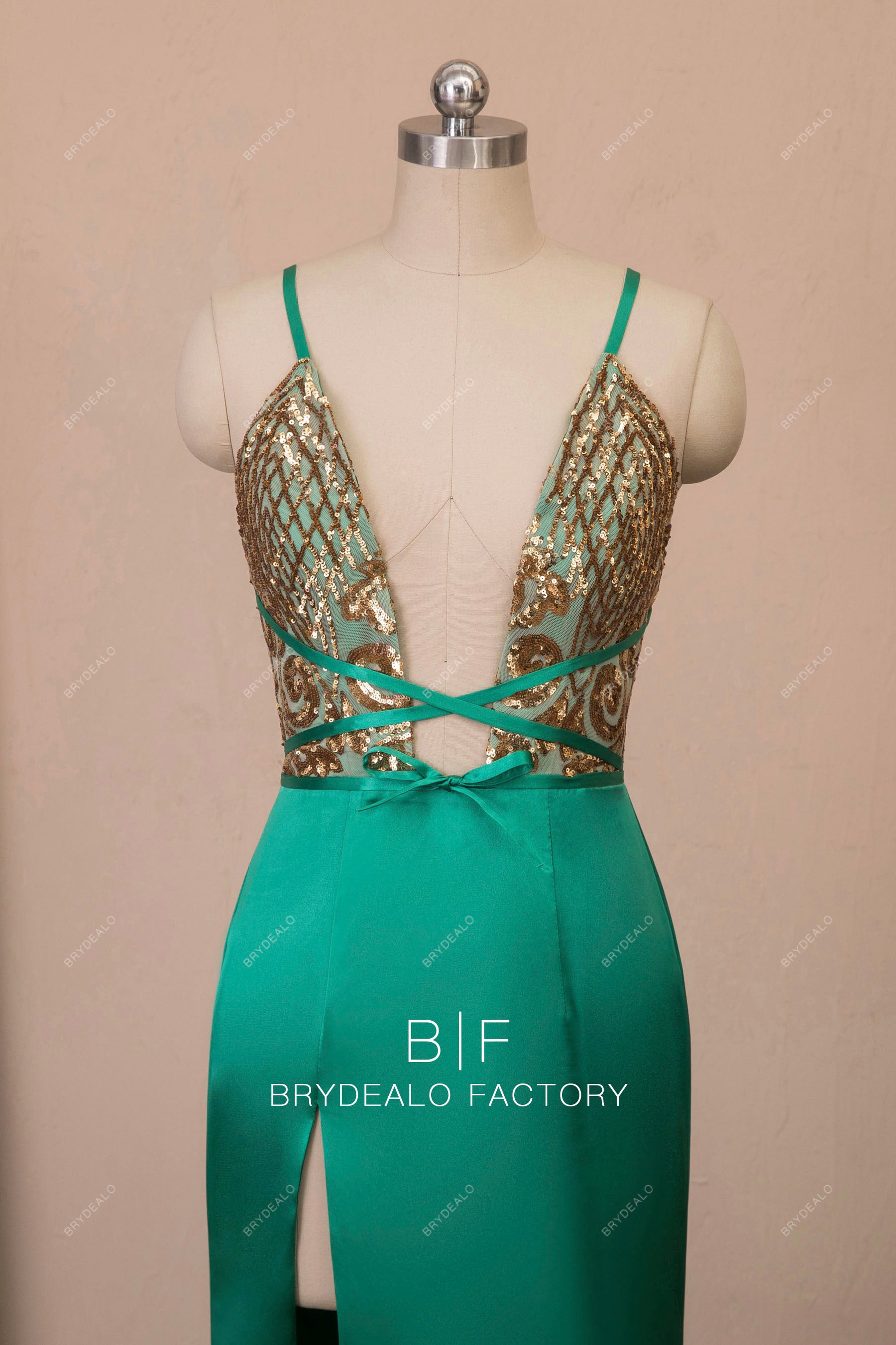 thin straps plunging neck slit prom dress