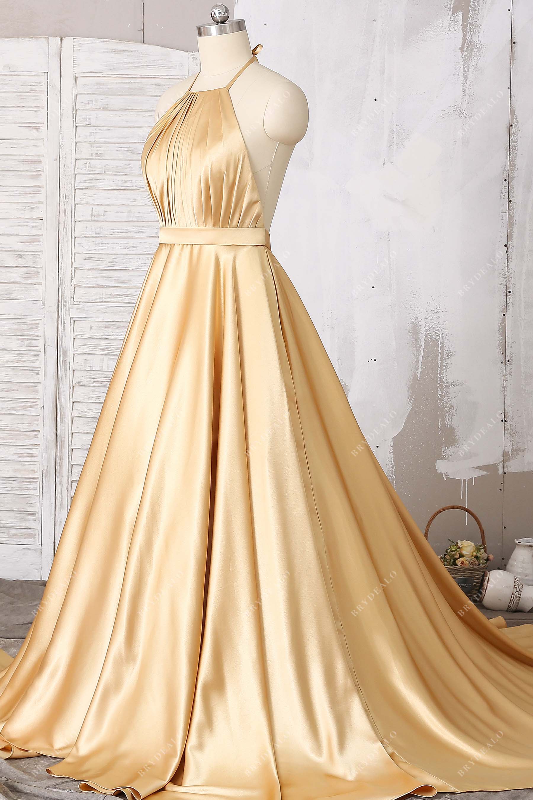 halter pleated long train bridesmaid dress