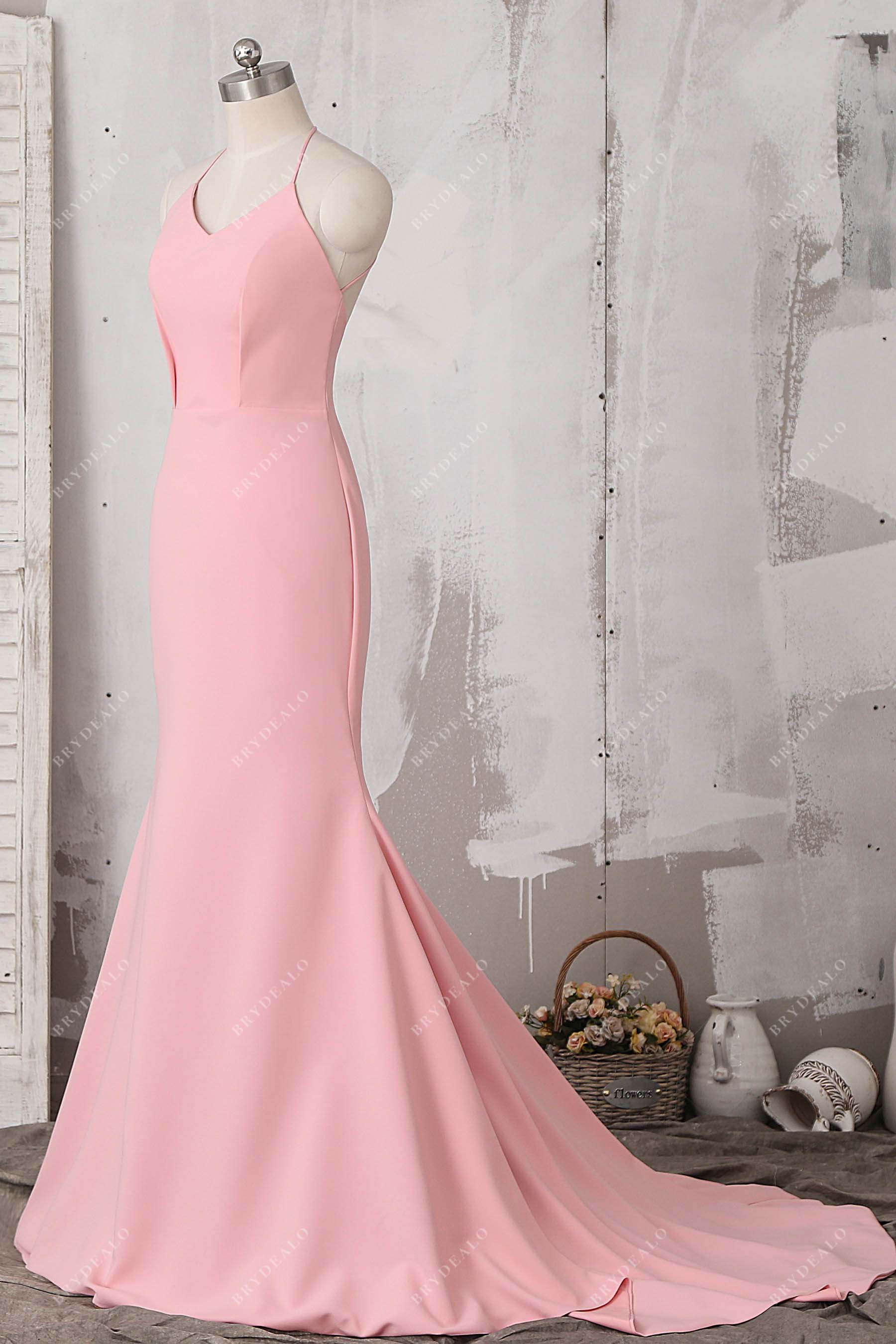 pink thin straps v-neck long train formal dress