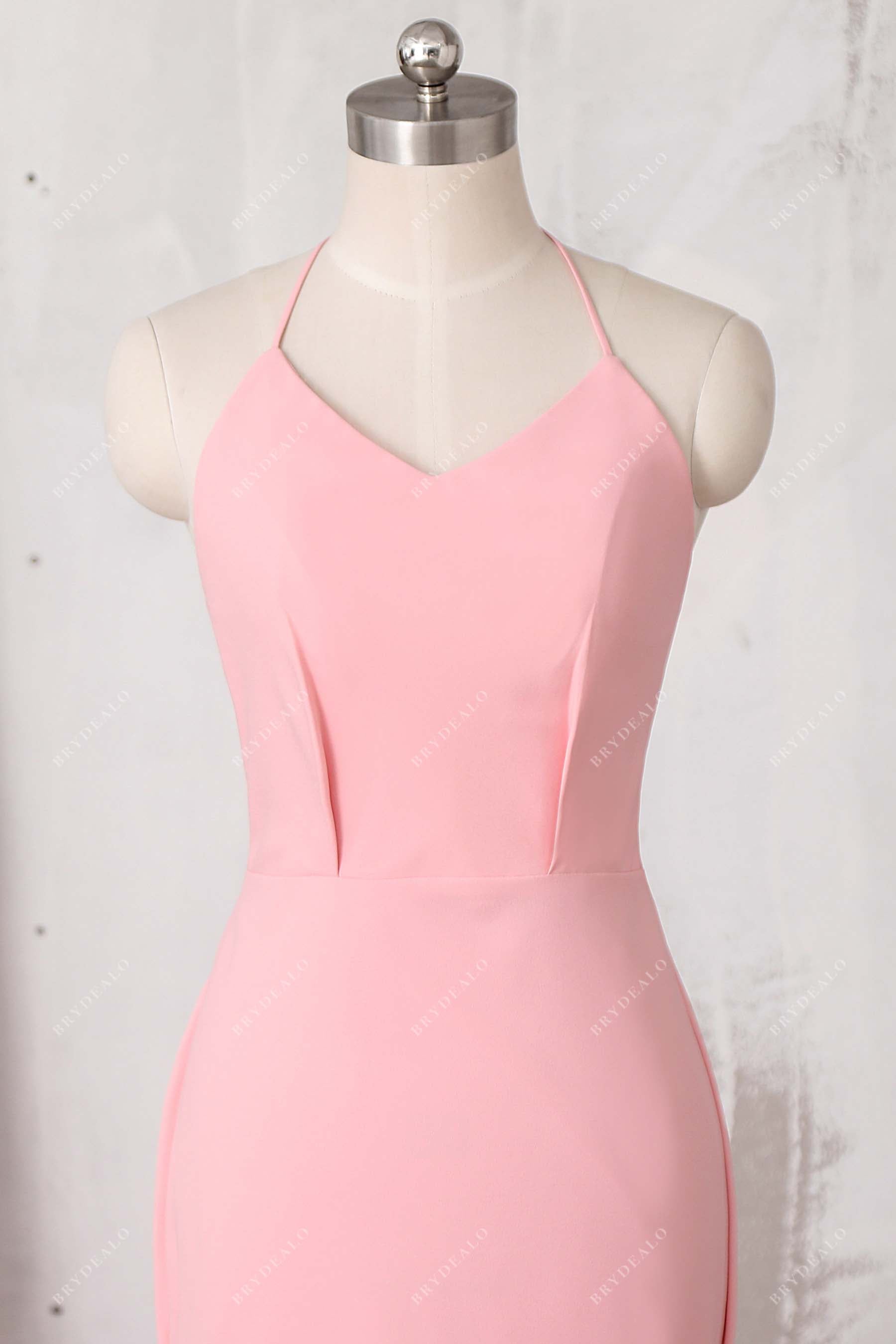 pink crepe v-neck prom dress 