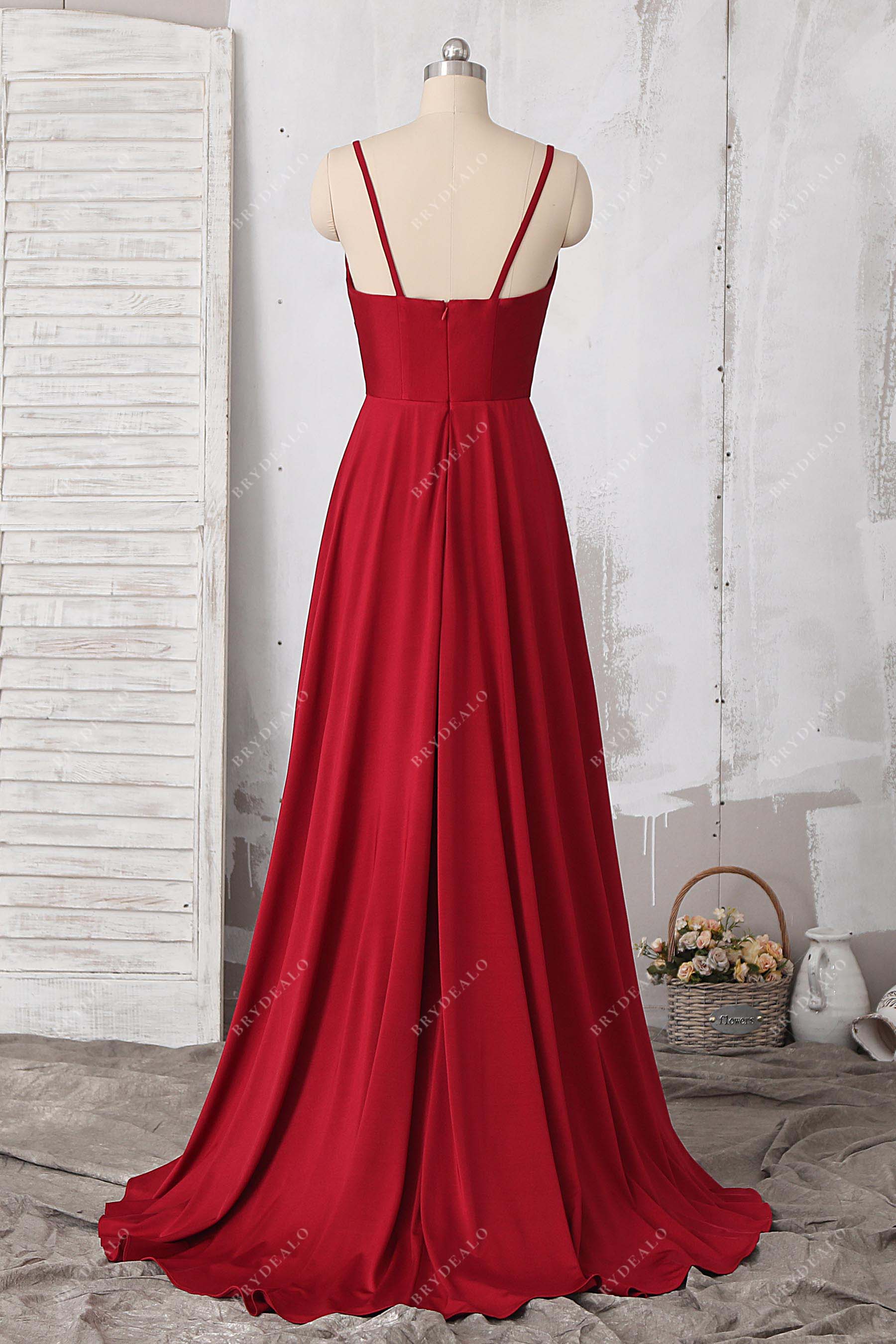 thin straps open back A-line formal dress