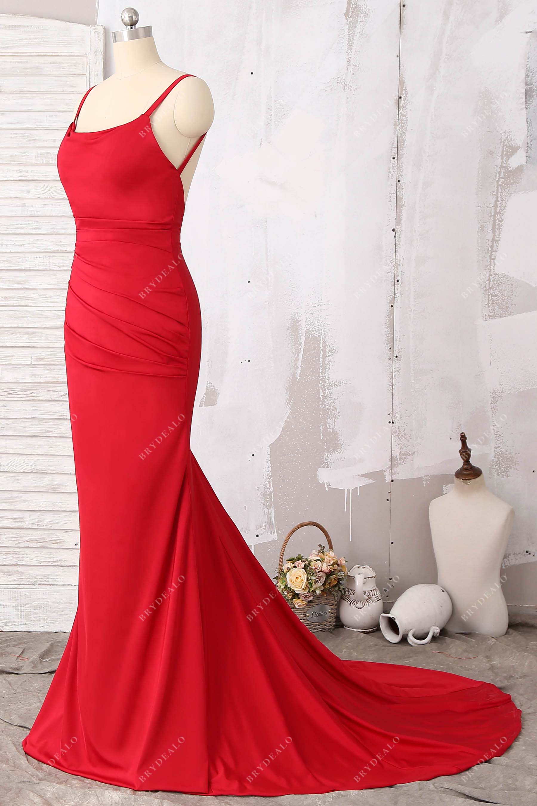 scoop neck ruched long train formal dress