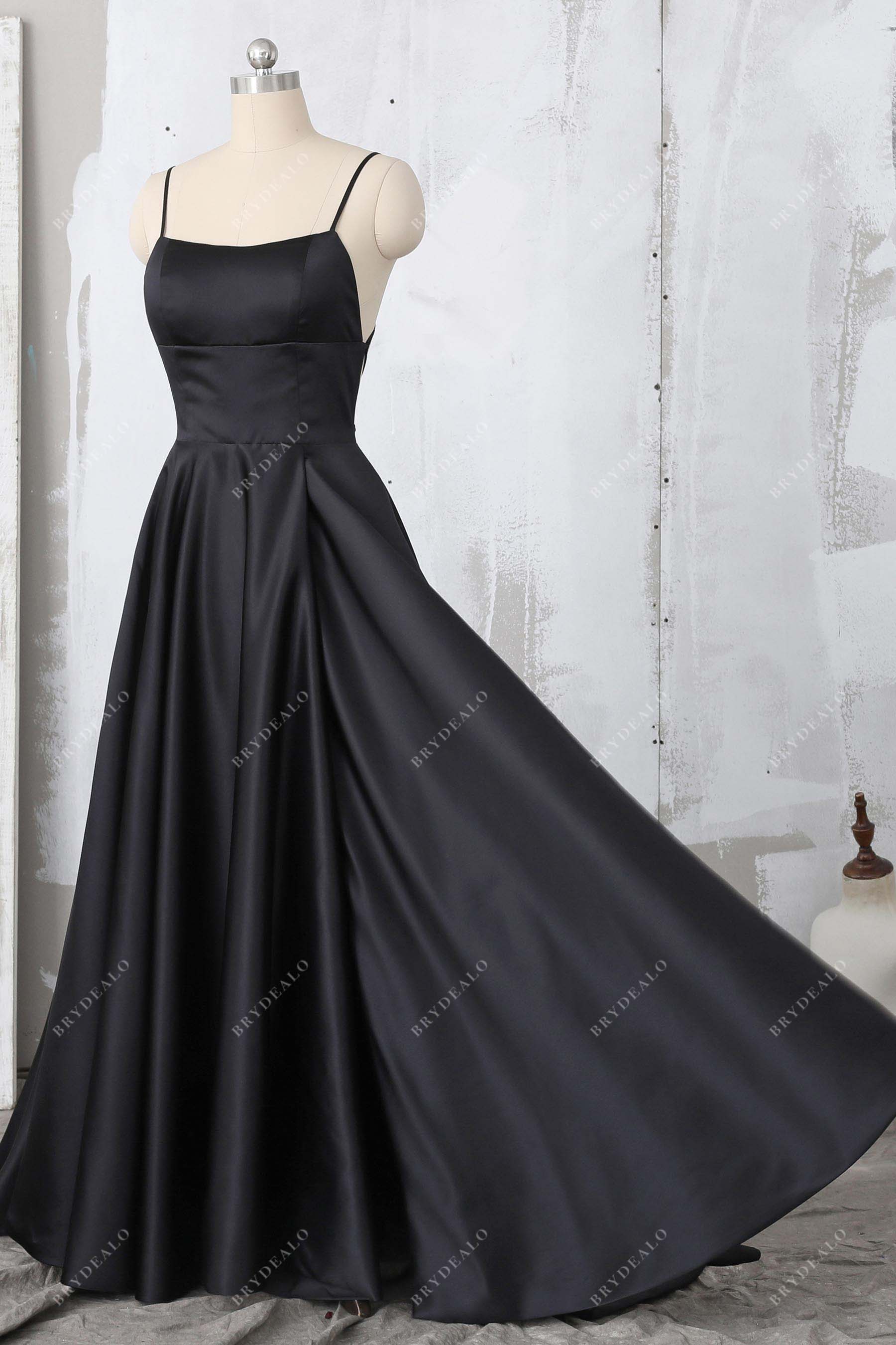 black satin sleeveless slit prom dress