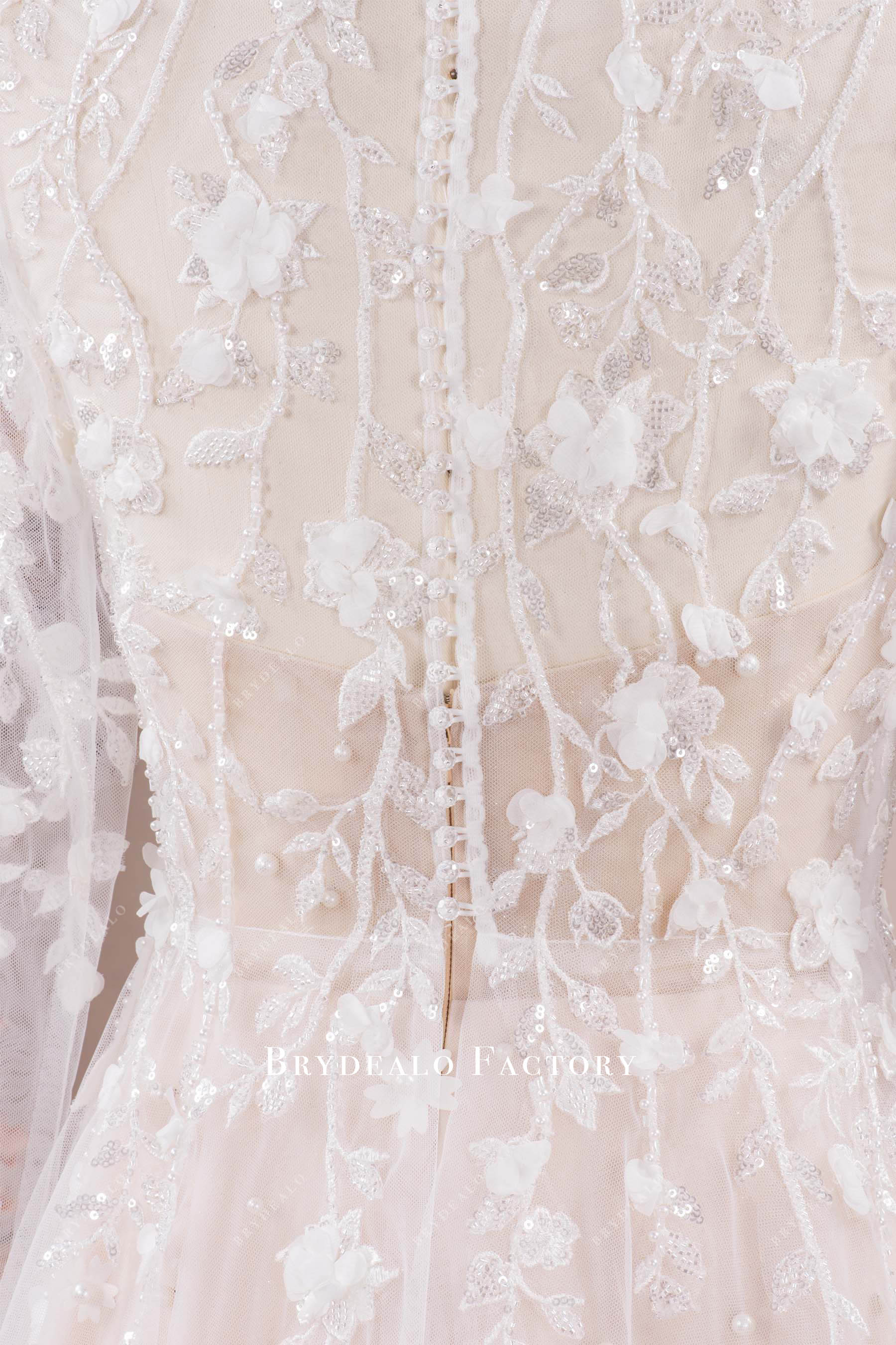 sparkly sequin 3D flower lace sheer back wedding dress