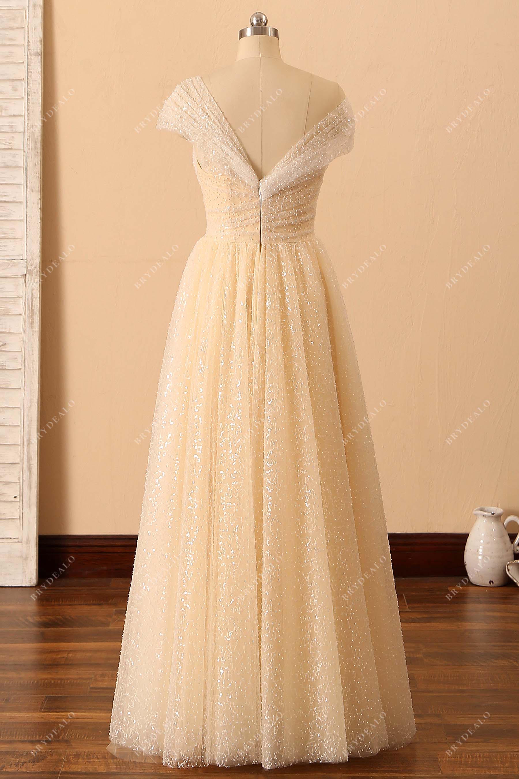 glitter v-back tulle floor length formal dress