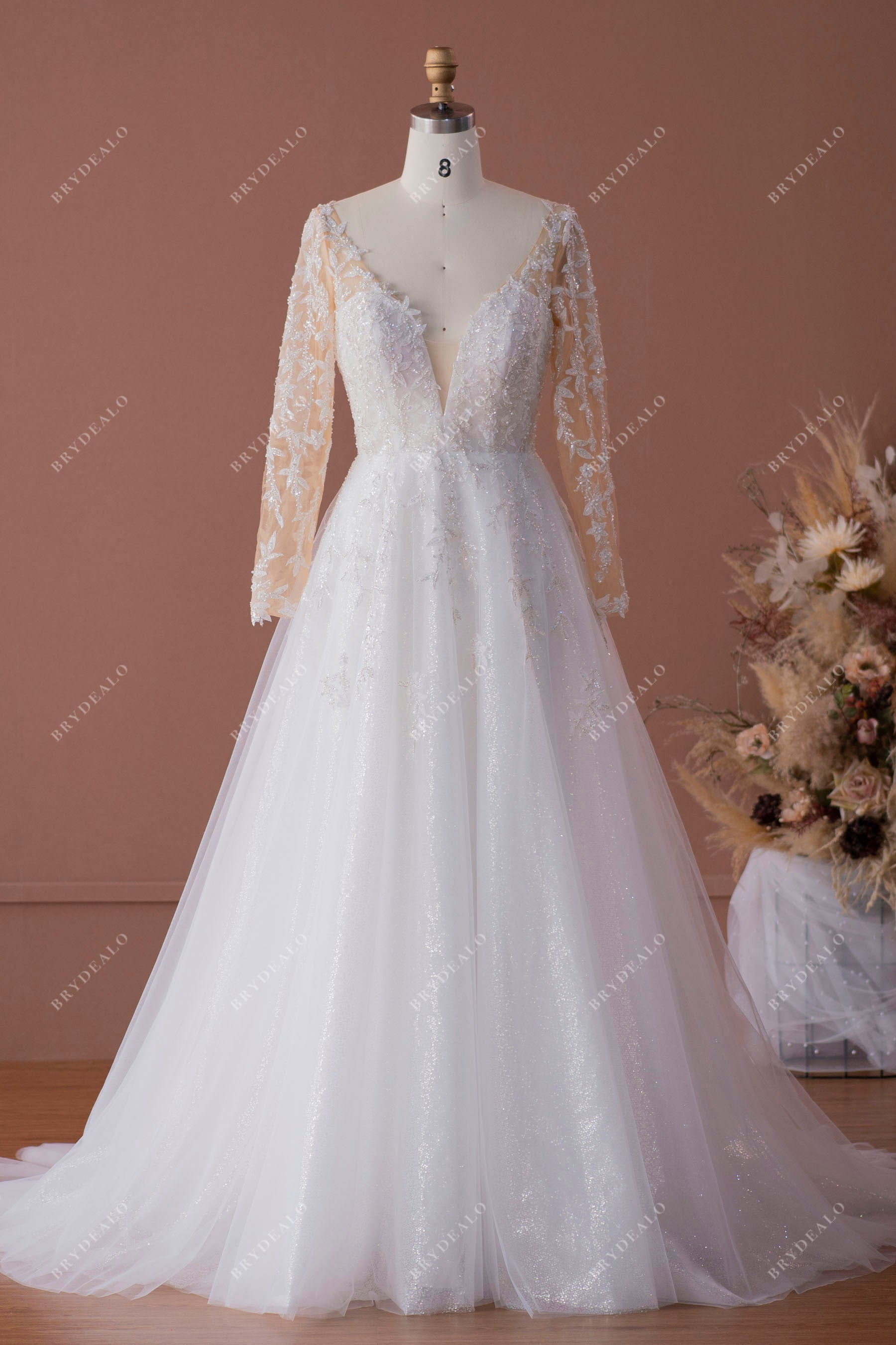 shimmery v-neck long sleeve wedding dress