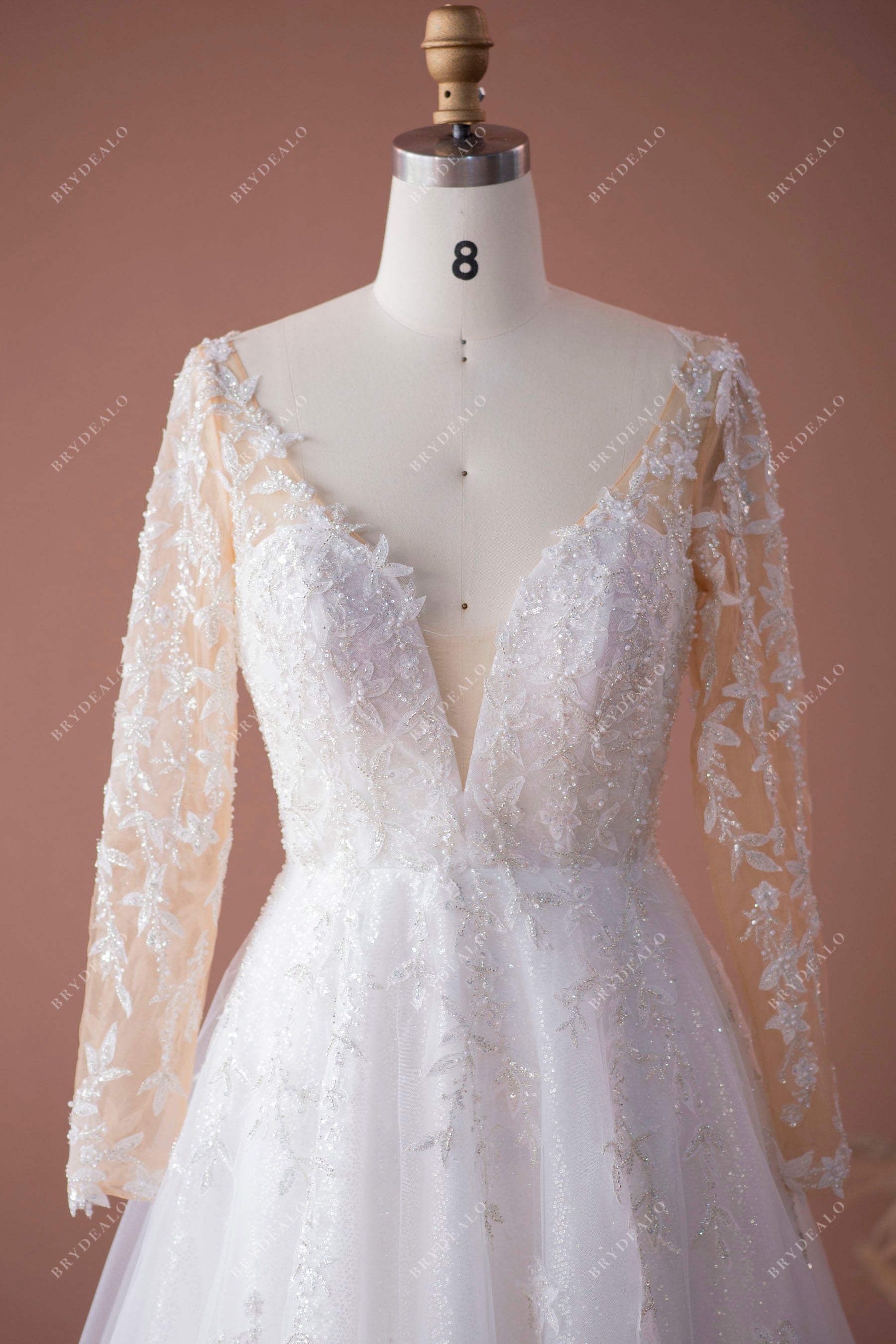 sparkly leaf lace v-neck wedding dress