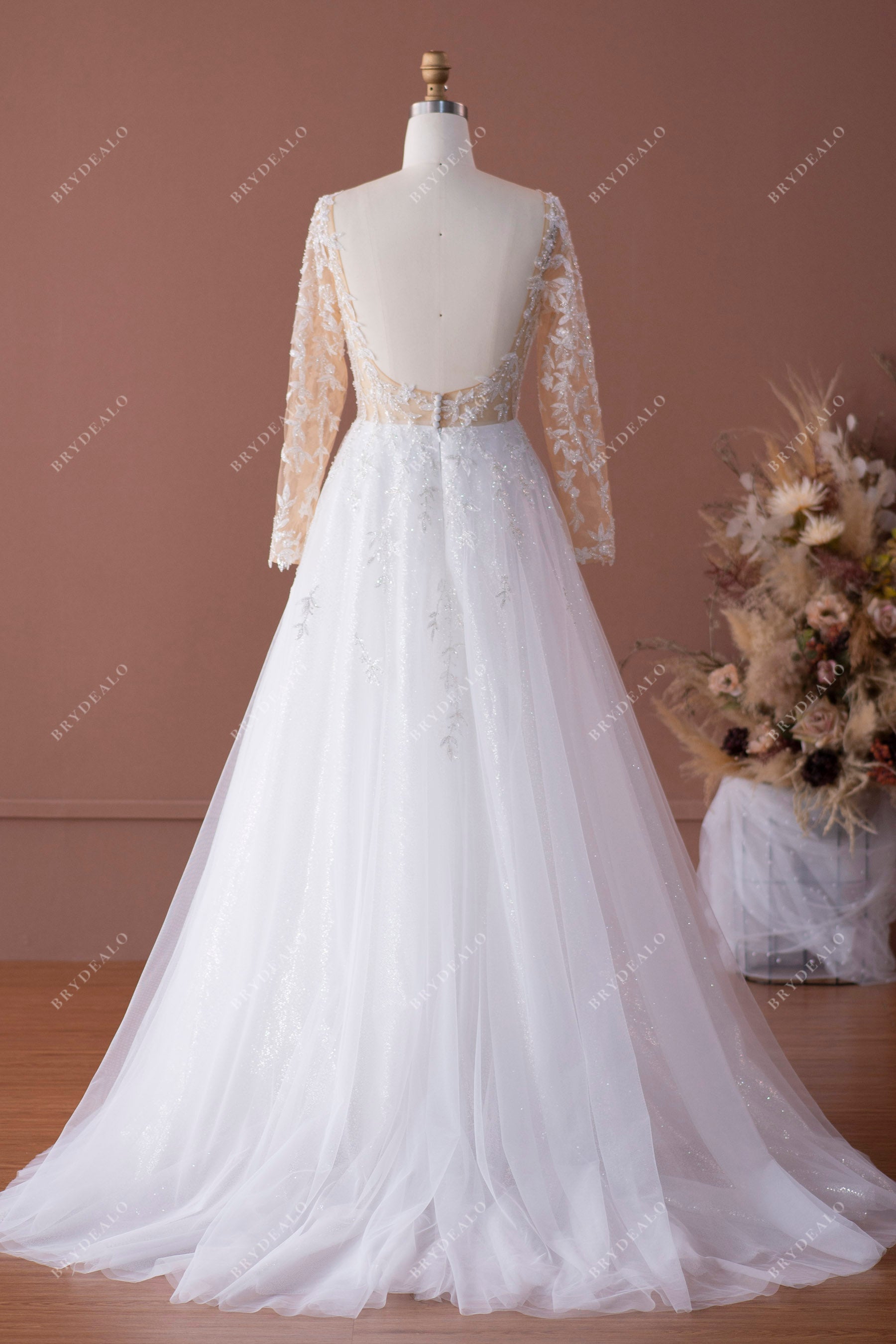 open back sheer sleeve A-line wedding dress
