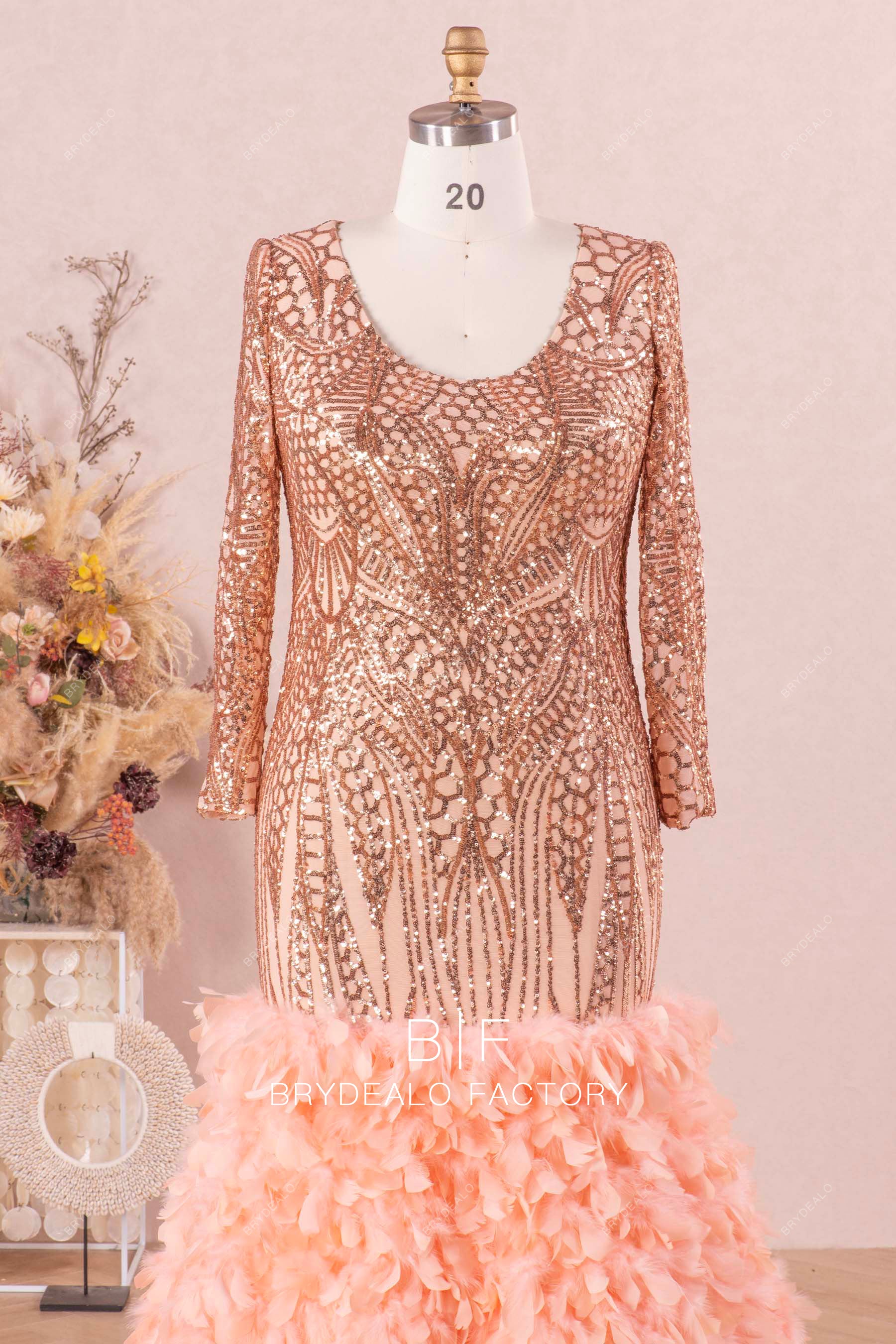 unique sequin pattern long sleeve prom dress