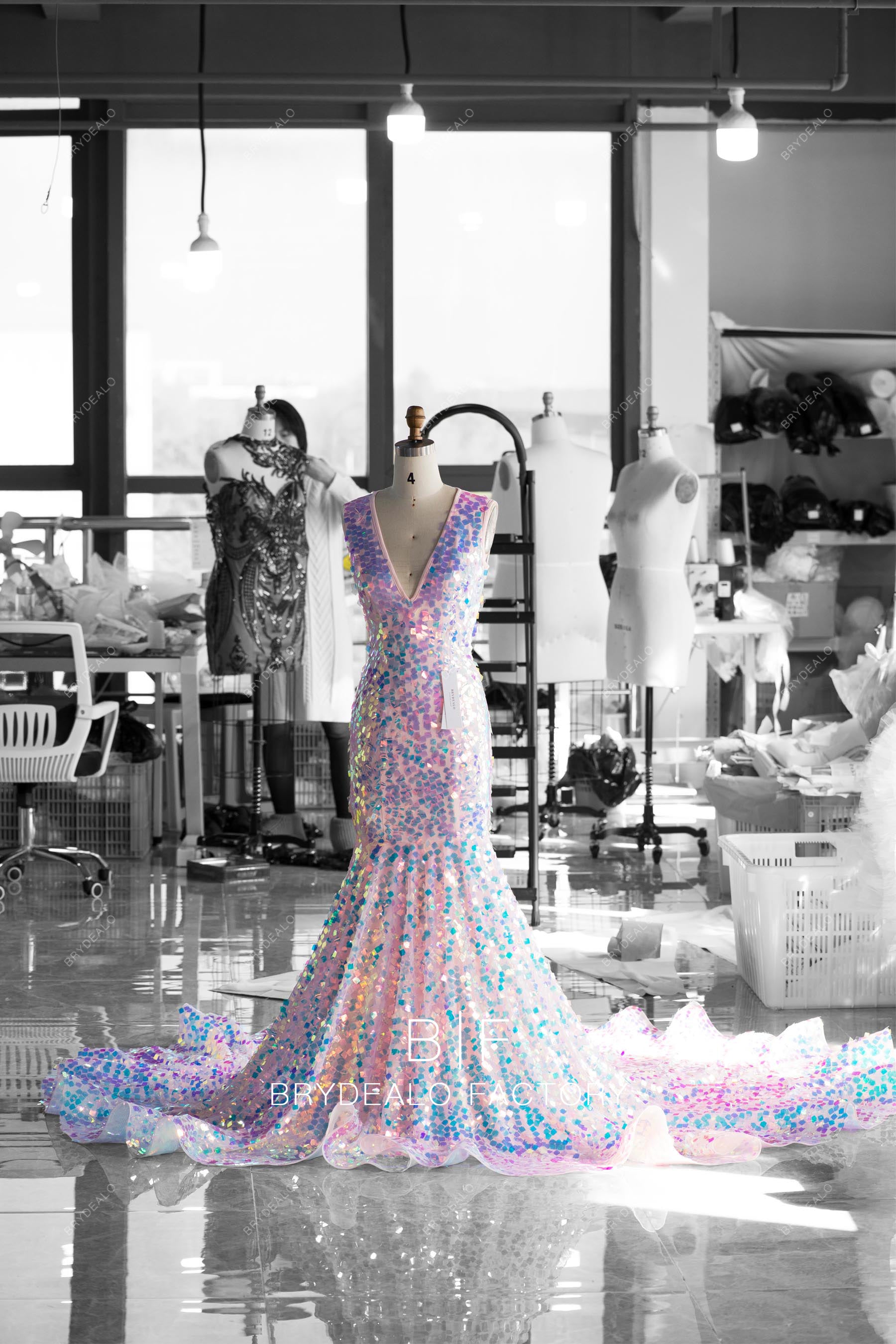 sparkly ruffled long train dress