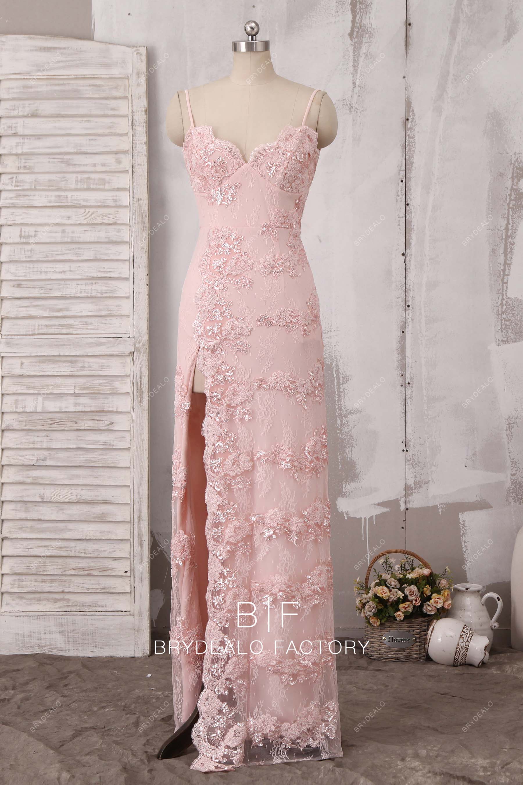 thin straps lace sequin slit prom dress
