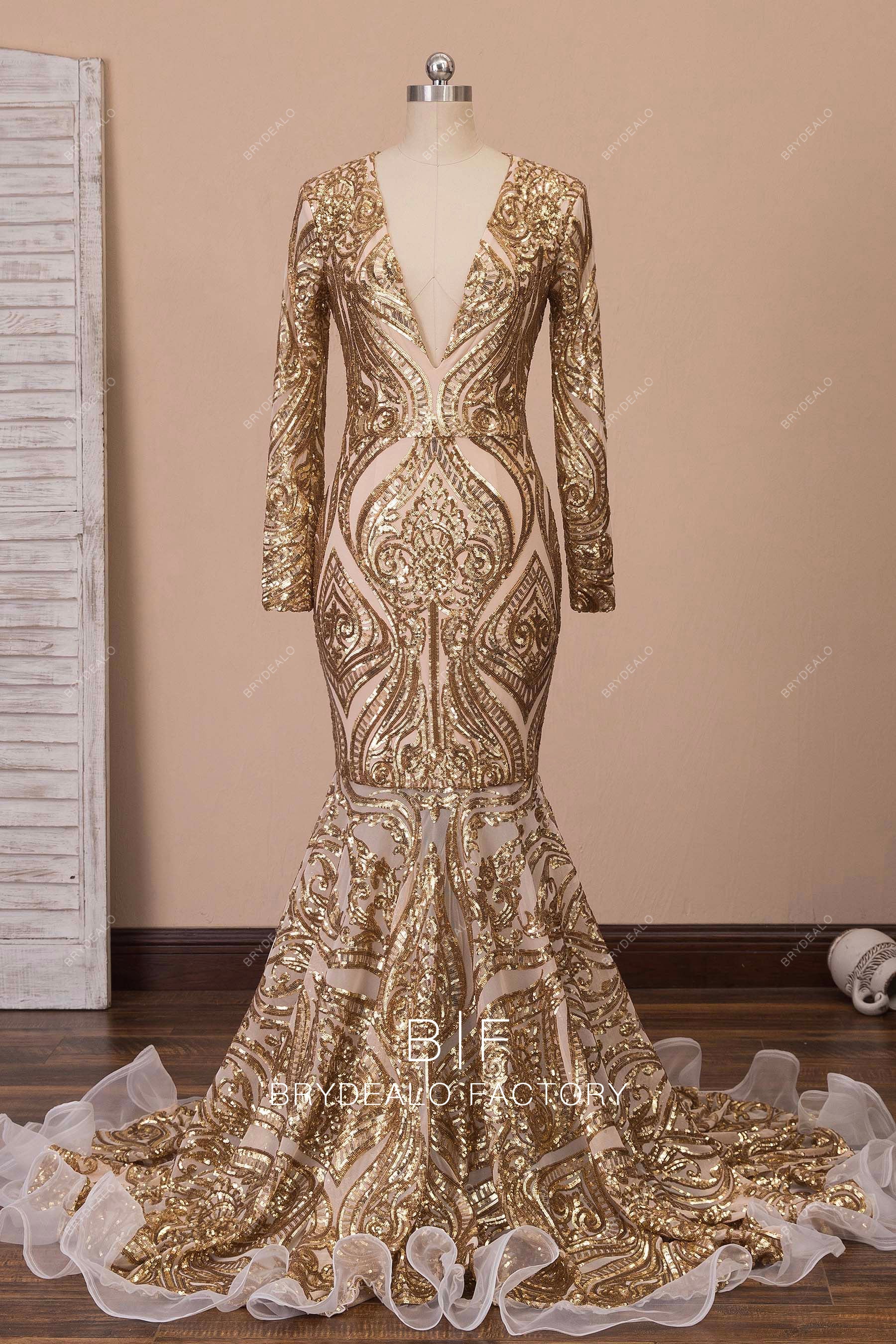 sparkly sequin gold V-neck prom dress