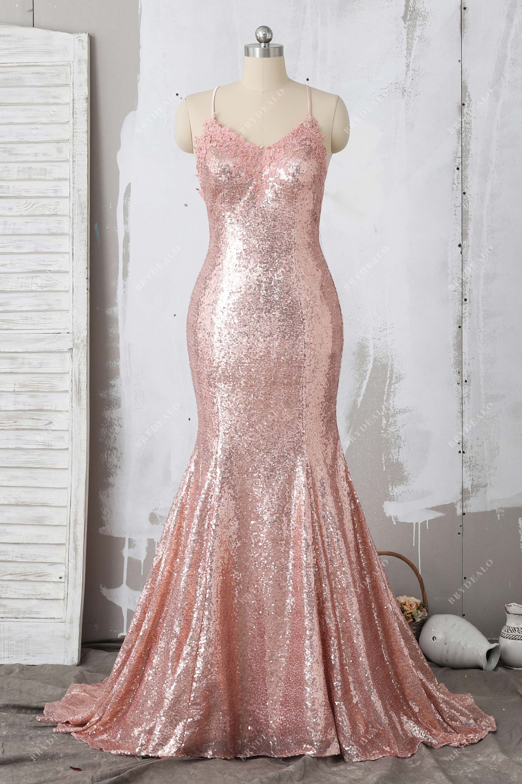 pink sequin thin straps mermaid prom dress