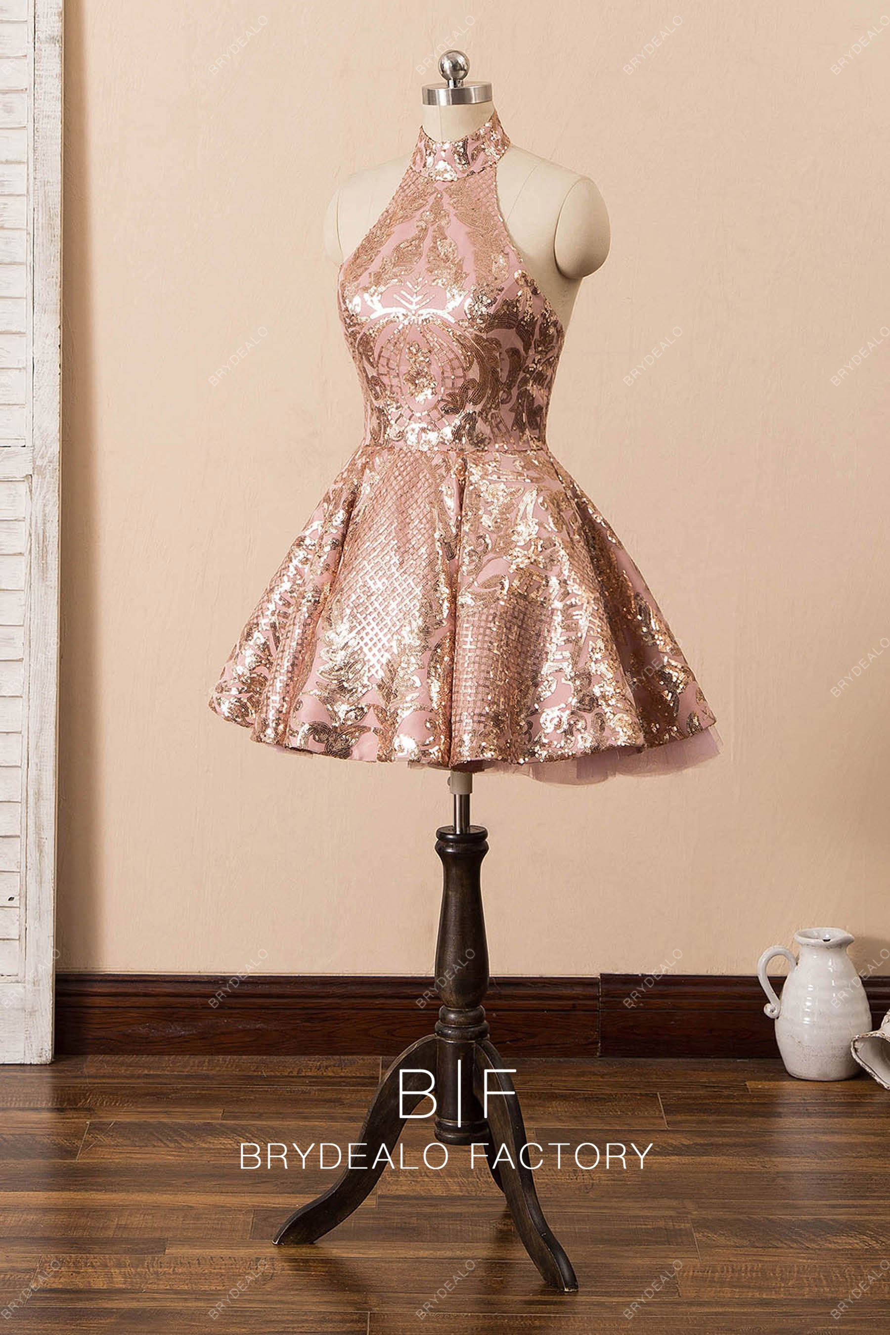 Rose Gold Patterned Sequin Halter Cocktail Homecoming Dress Brydealo Rose Gold Patterned Sequin Halter Cocktail Homecoming Dress Brydealo