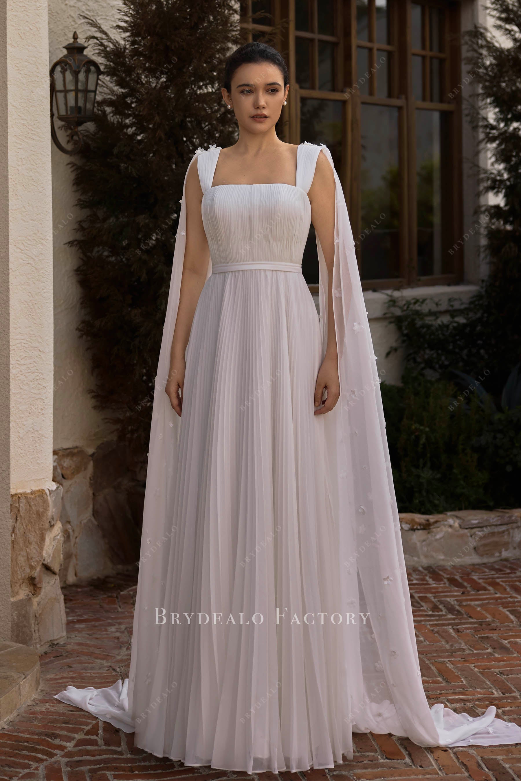 square neck chiffon a line wedding dress