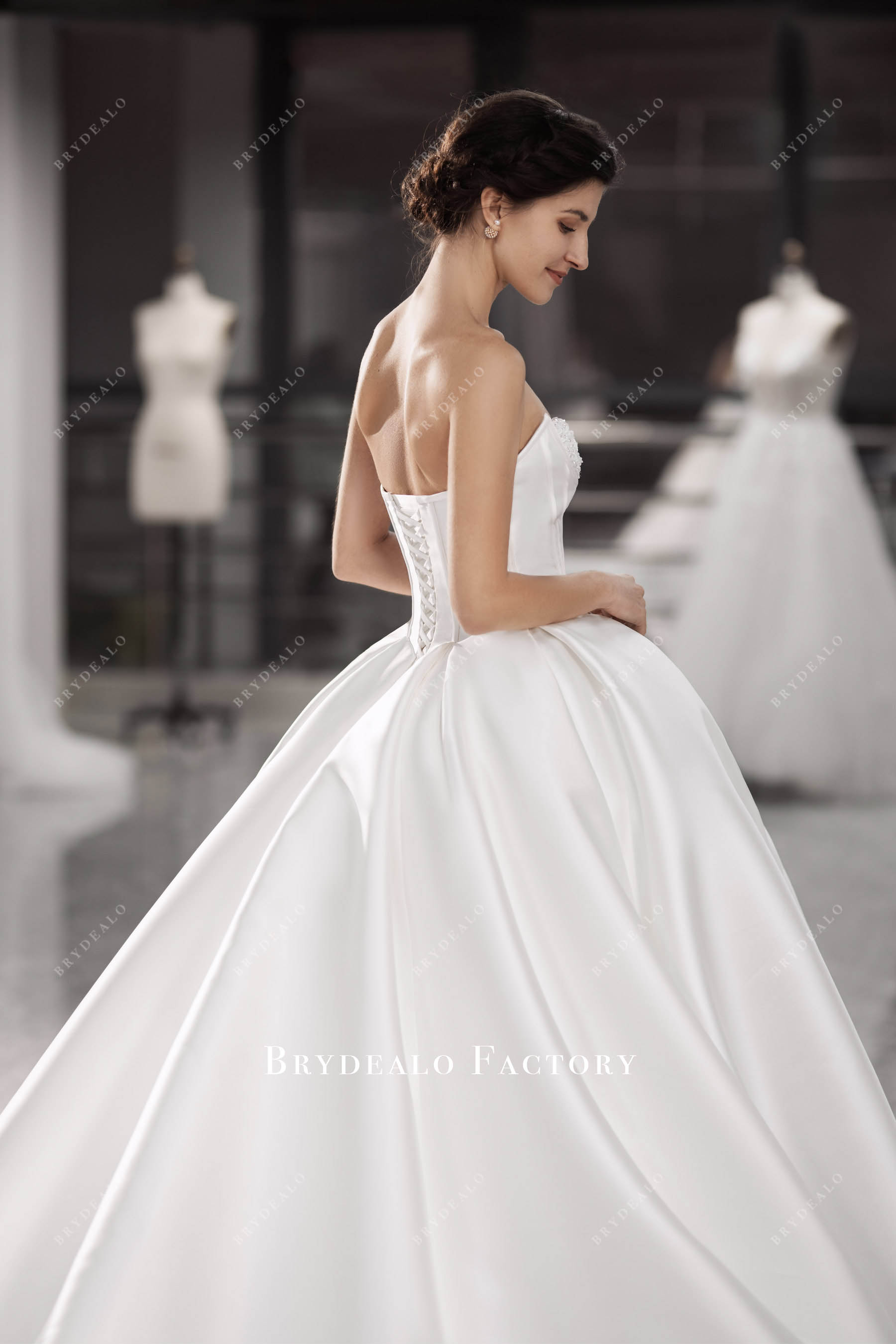 strapless lace up back mikado puffy wedding gown