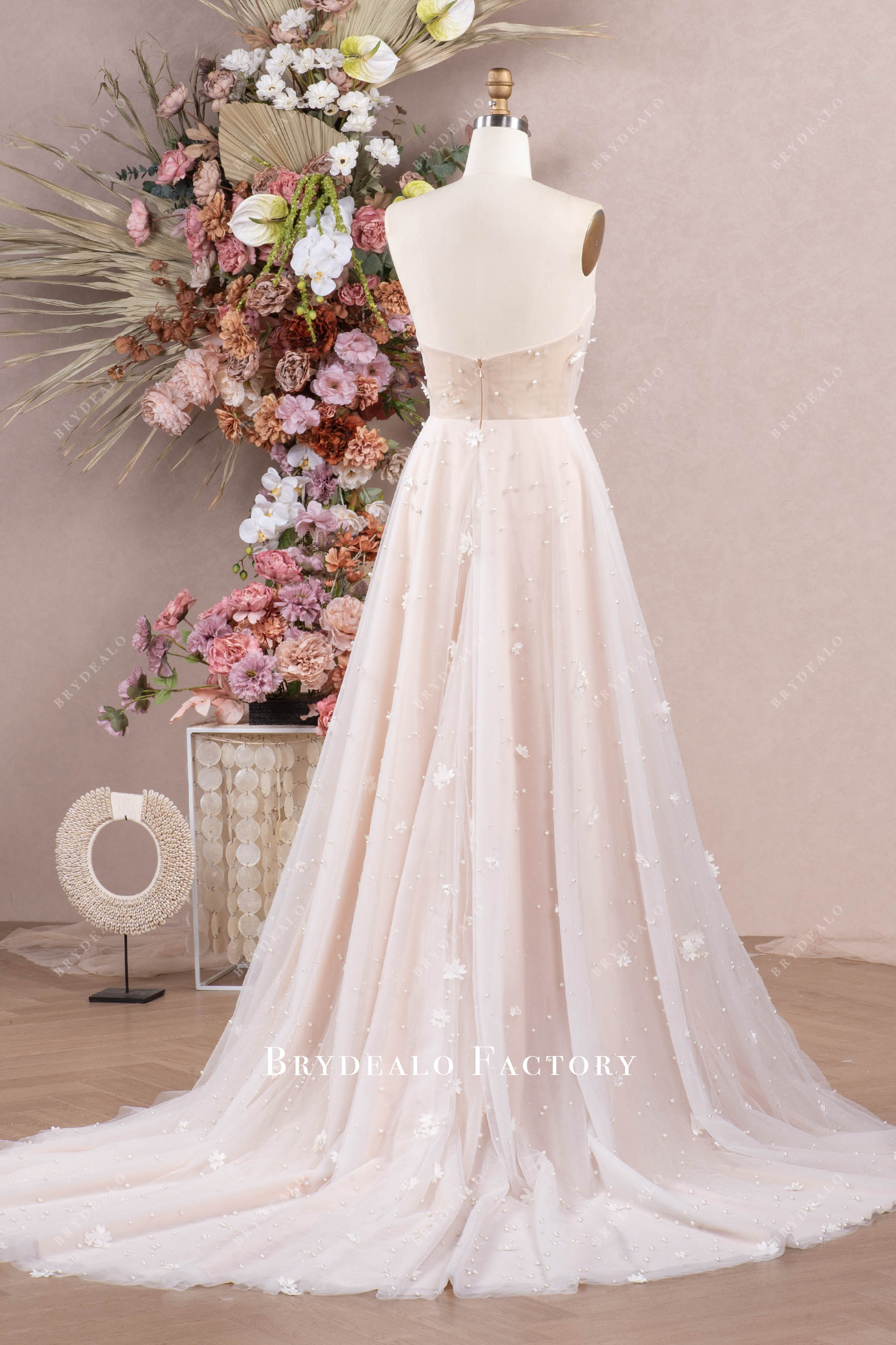 strapless open back flower pearl court train wedding dress