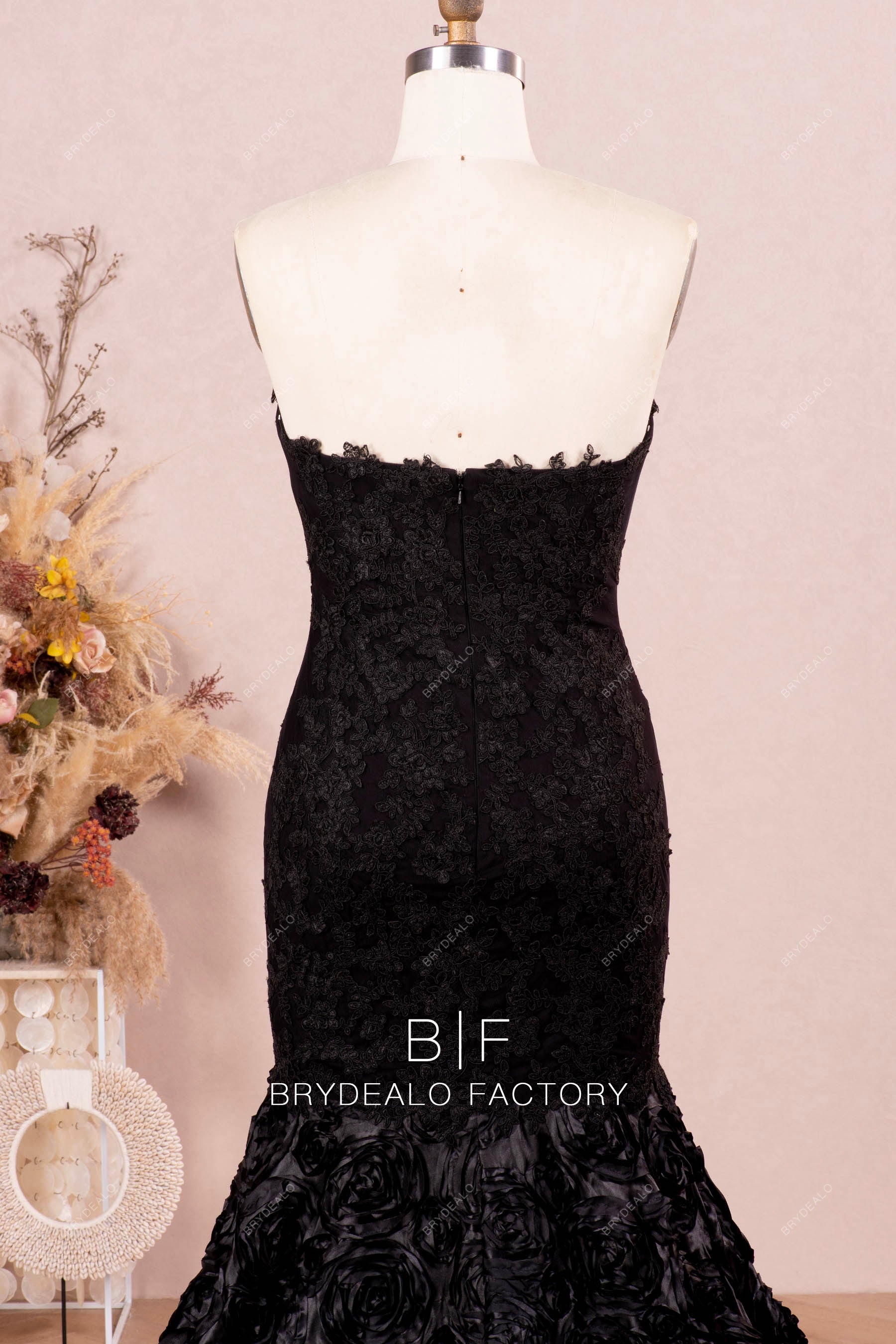 open back black lace formal dress