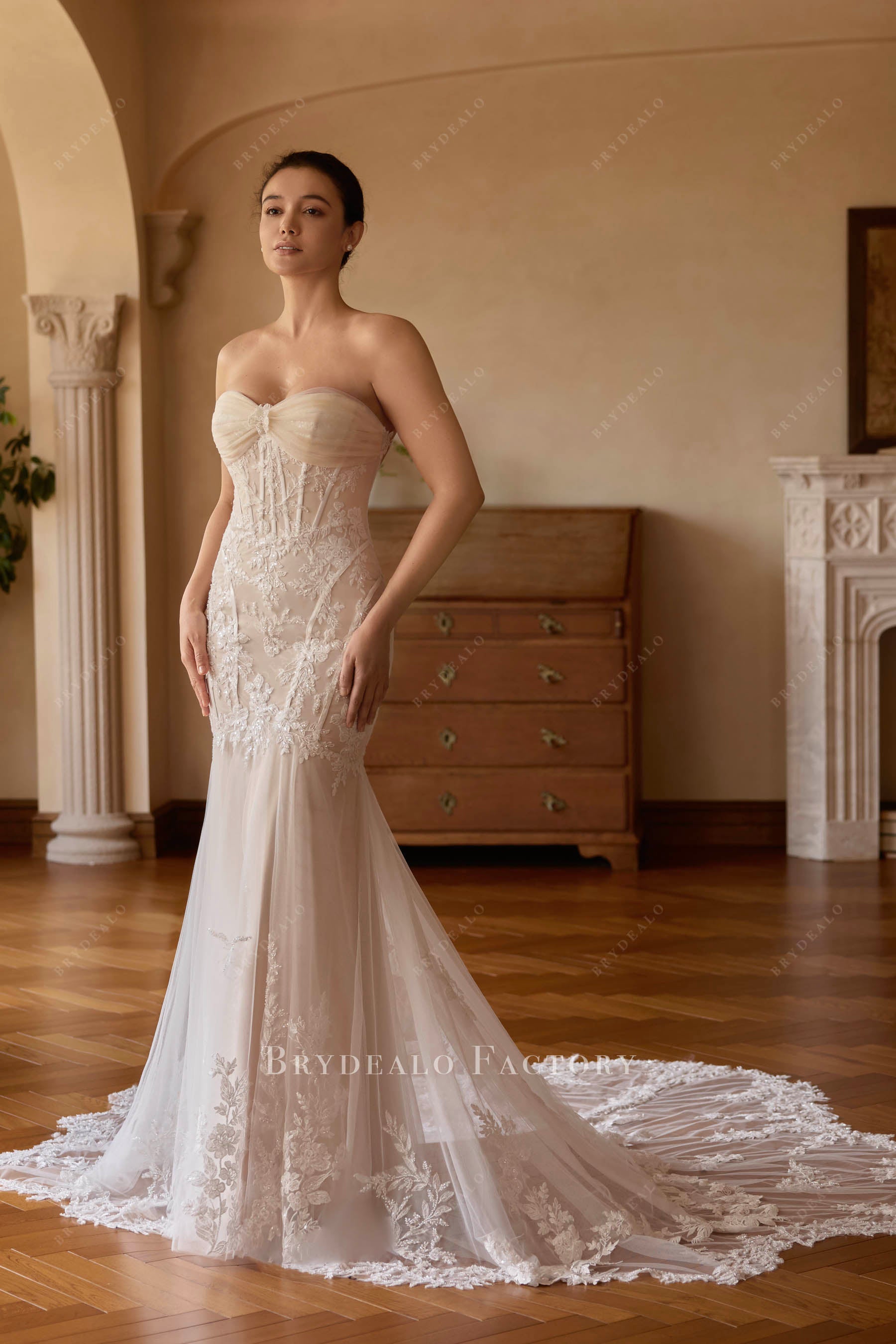 strapless tulle trumpet wedding dress