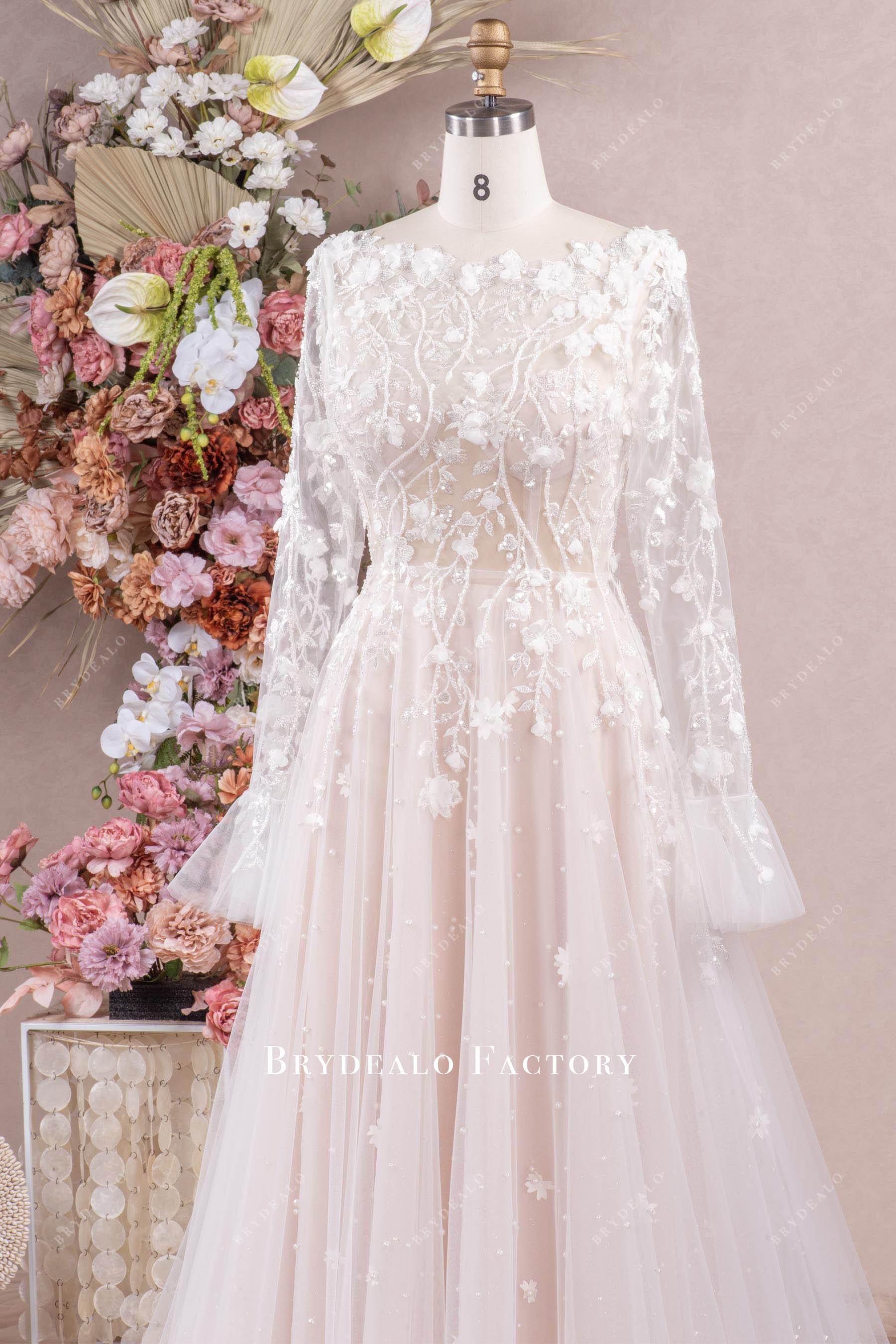 lace robe pearl flower sheer sleeves A-line wedding dress