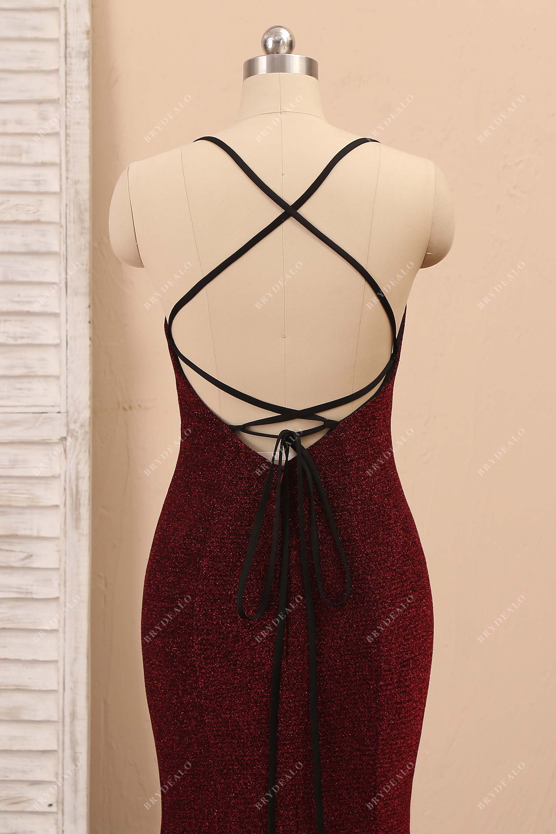 burgundy crisscross back prom dress