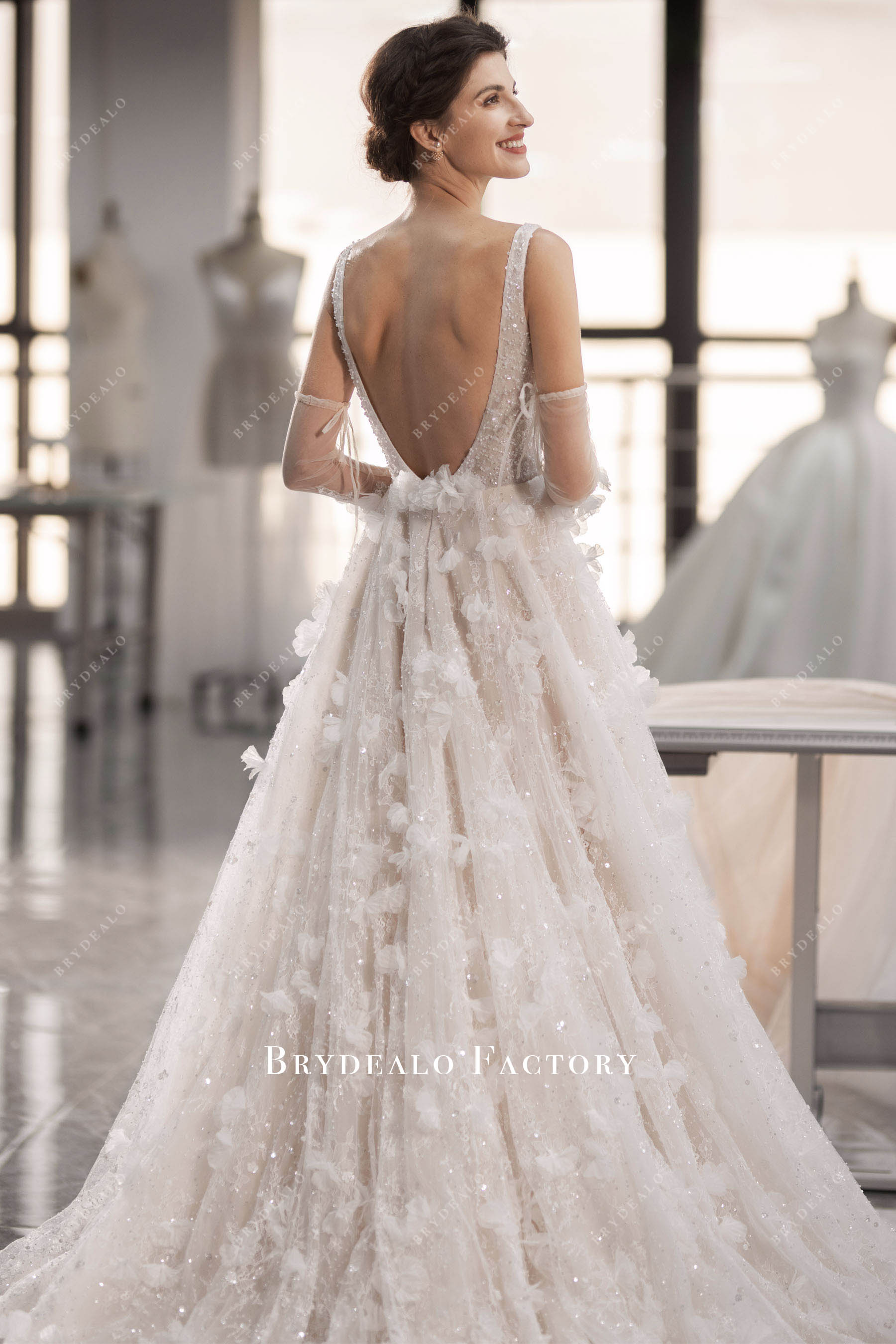 straps flower wedding dress with gloves