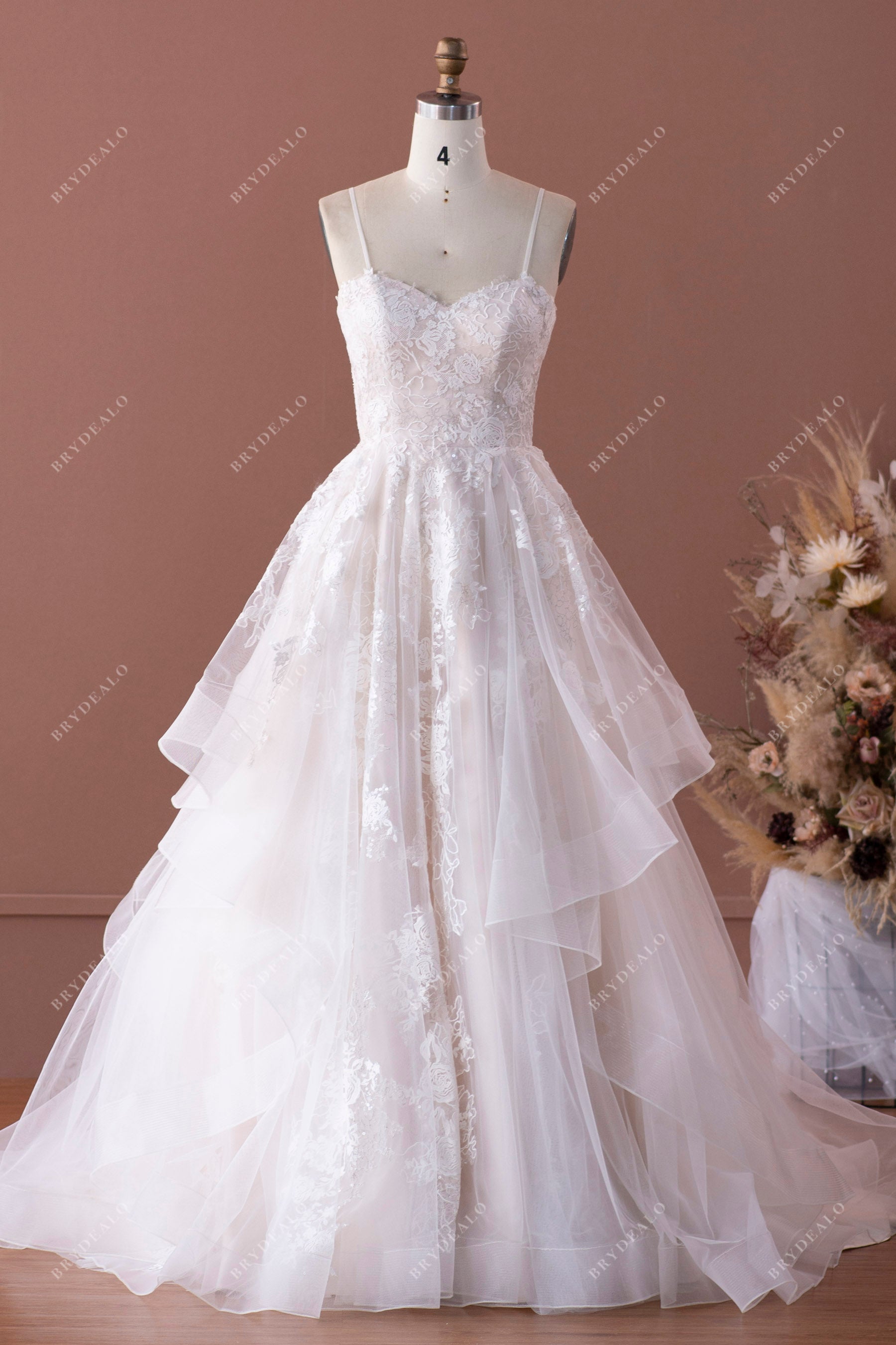 thin straps tulle ruffled bridal ball gown
