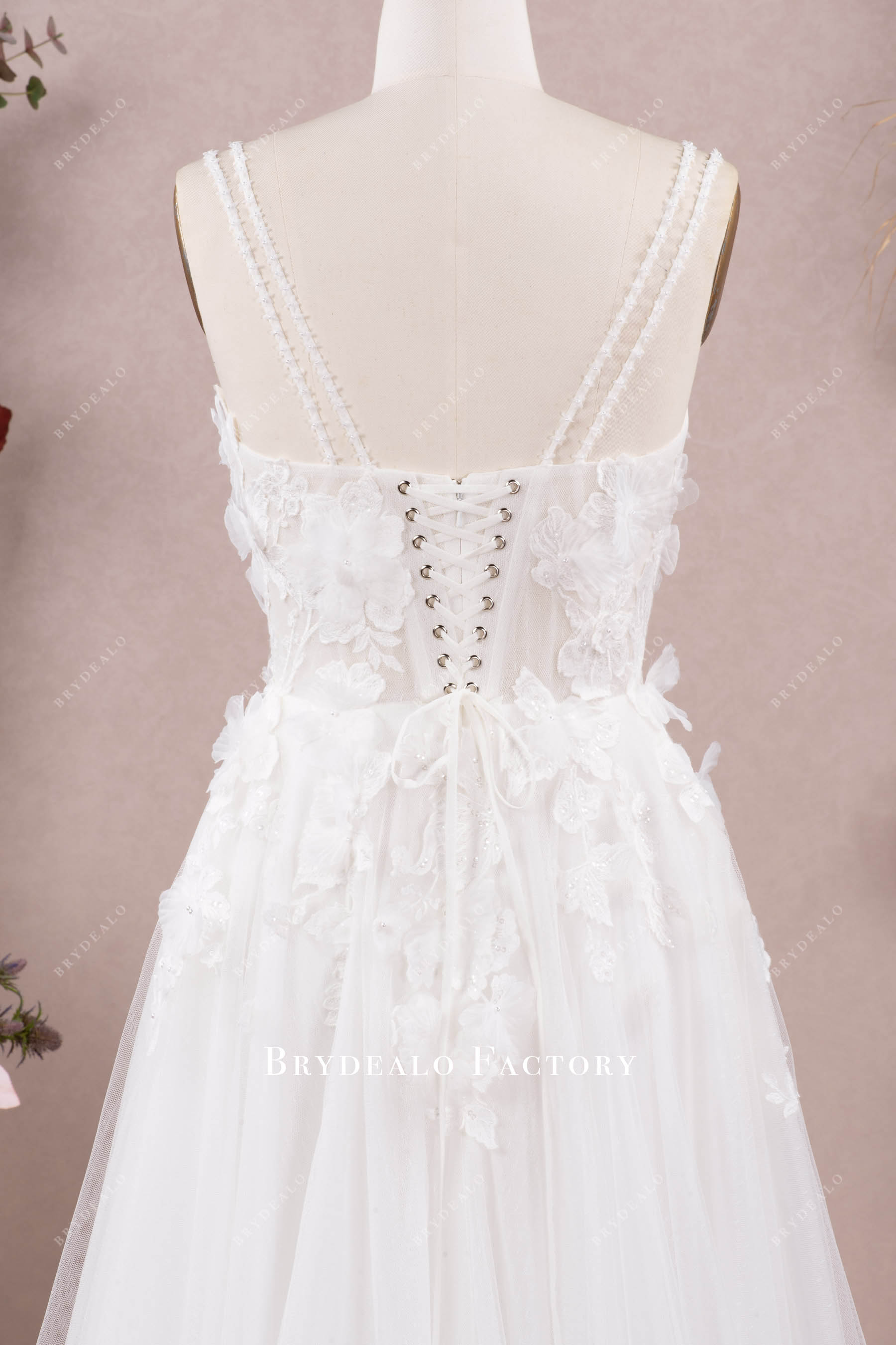 flower straps lace up closure wedding dress