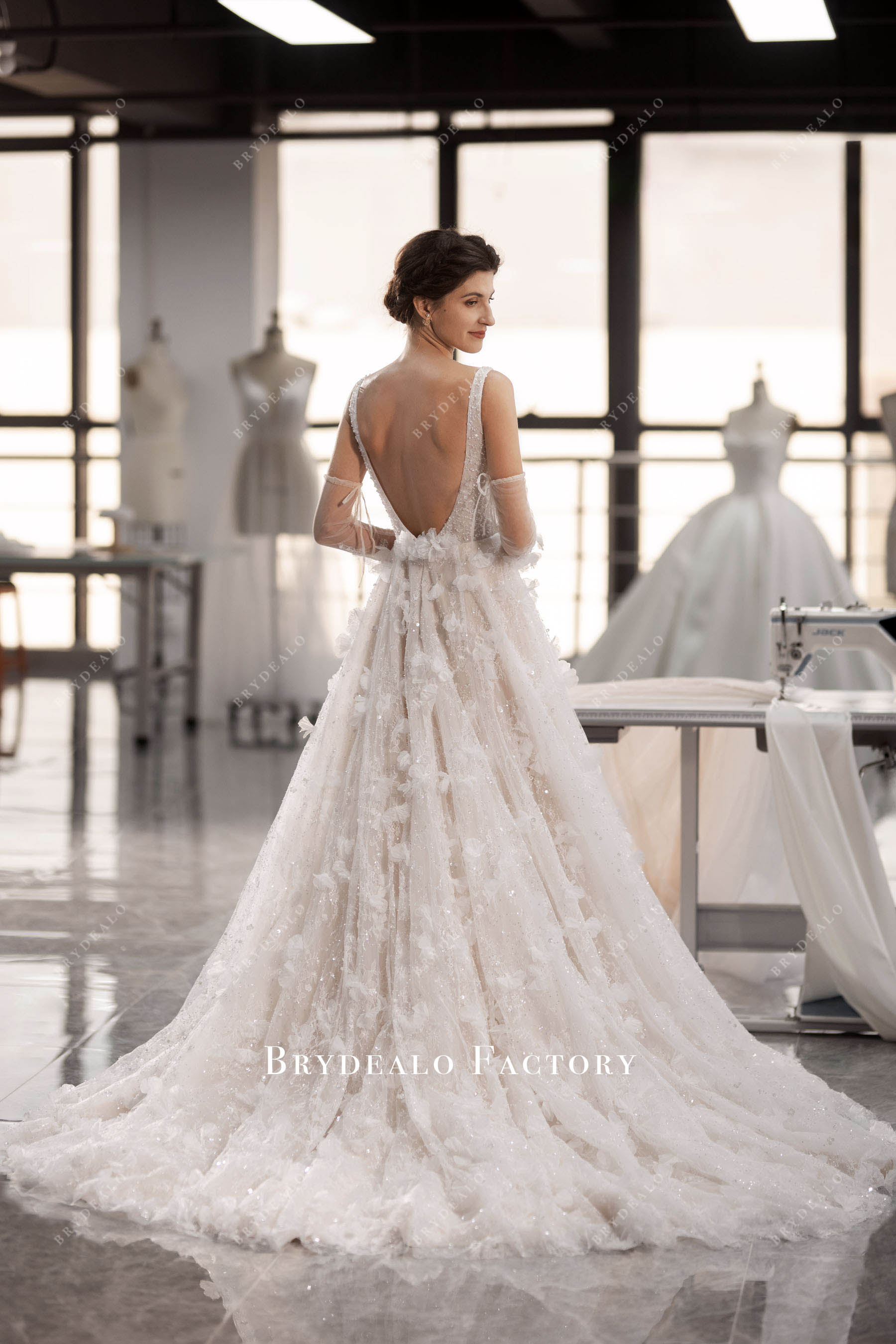 straps open back flower bridal gown