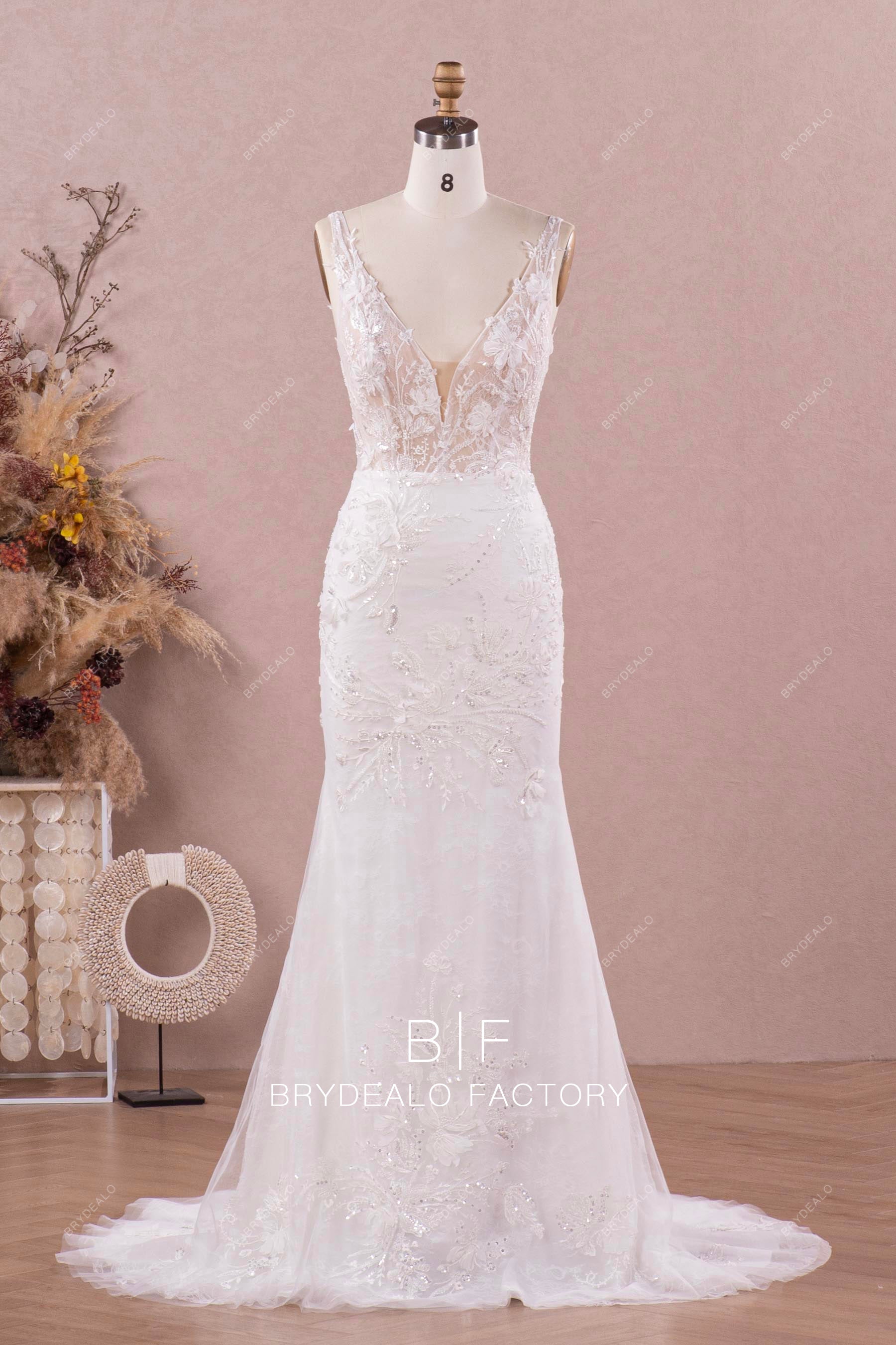 lace straps plunging flower lace trumpet bridal dress