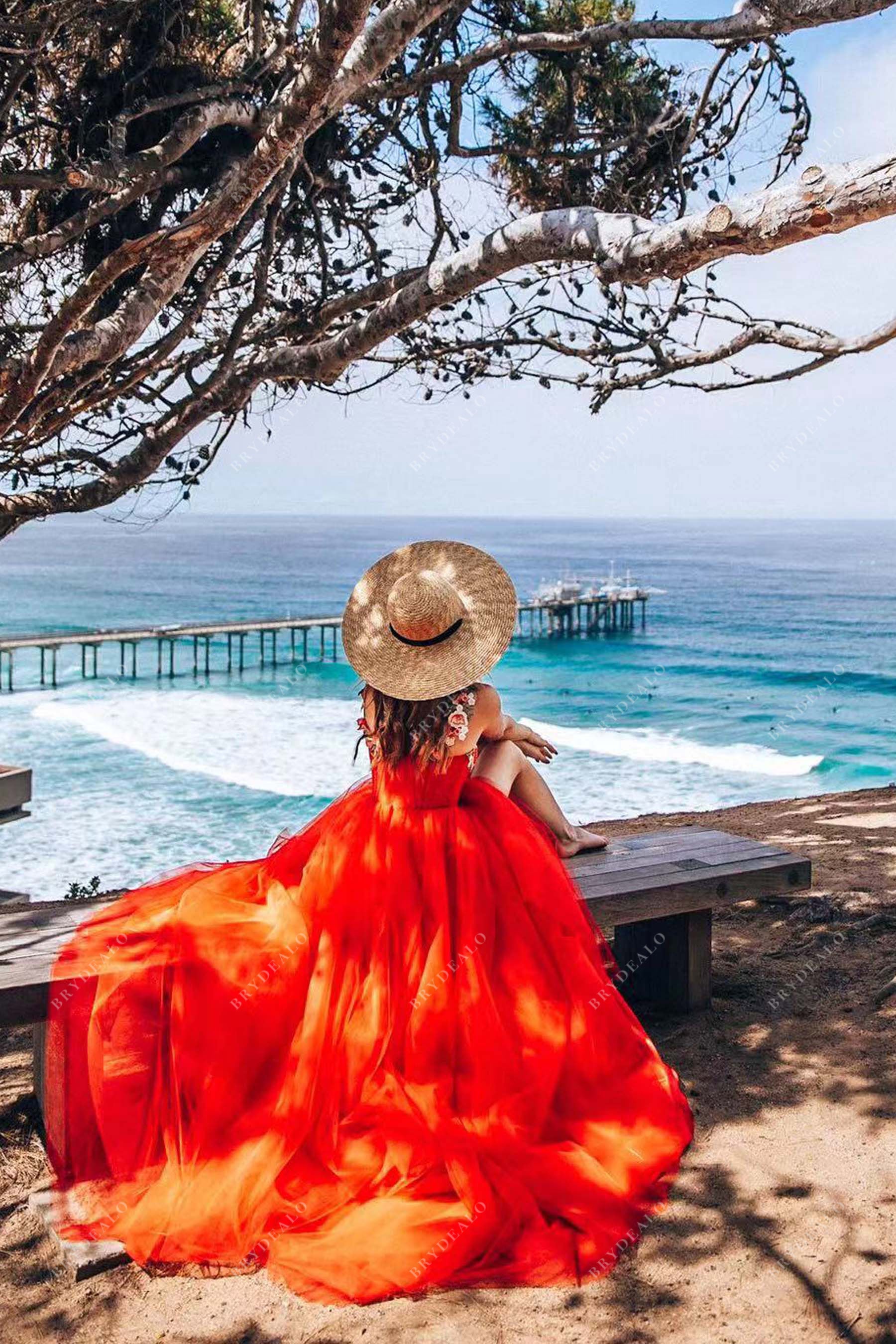 red lace applique tulle beach prom dress
